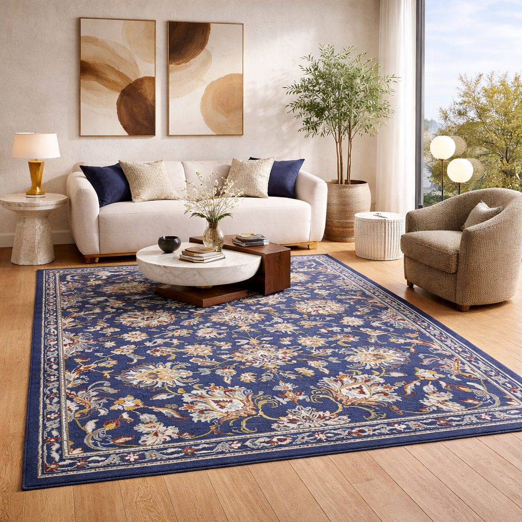 Tapis De Salon Classique Bleu Marine - Motif Fleuri Oriental - Fabriqué En Égypte (Neuf)
