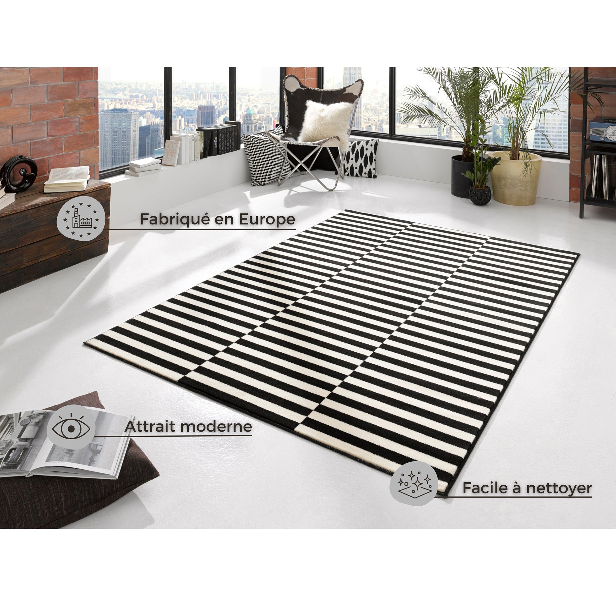 Tapis tissé plat rayé Noir et Blanc MALMÖ – STUDIO DECO