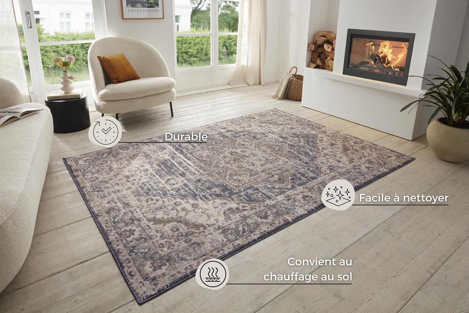 Tapis Vintage Oriental RANIA Crème et Bleu – STUDIO DECO