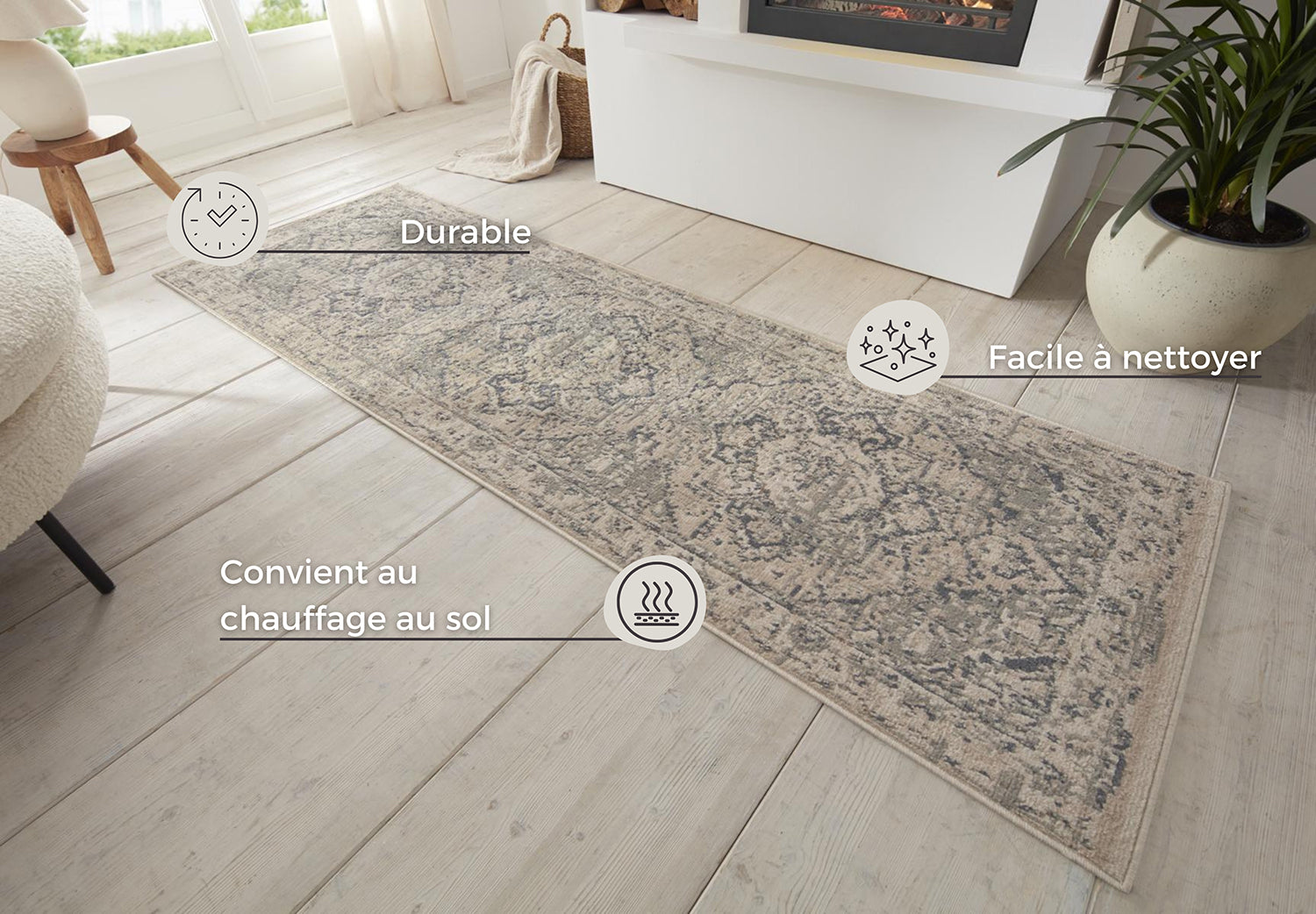 Tapis de couloir Vintage Oriental RANIA Crème et Gris – STUDIO DECO