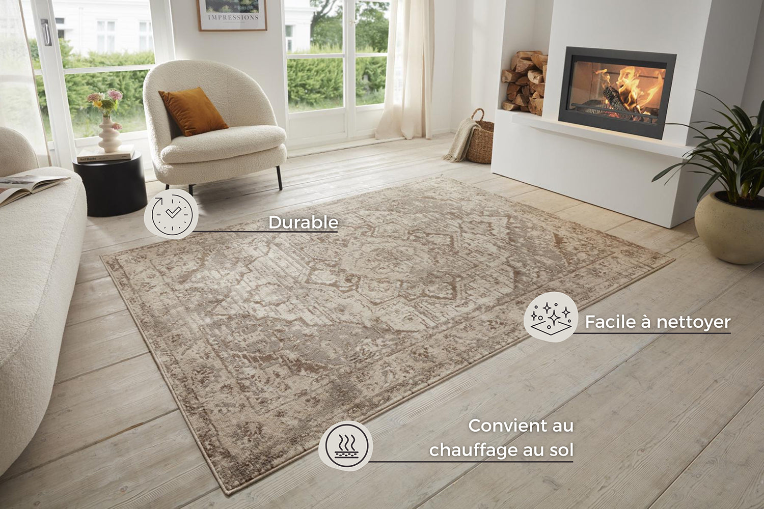 Tapis Moderne Traum - Motif Floral Beige Sur Fond Noir, Pour Salon