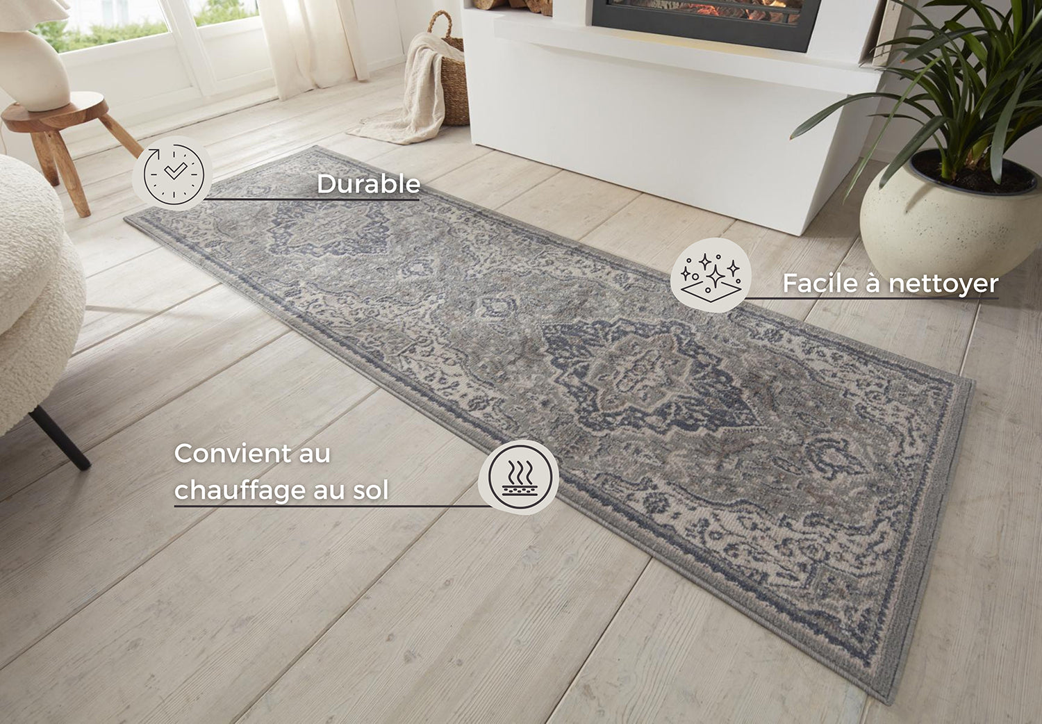Tapis de couloir Vintage Oriental SAFIA Gris et Crème – STUDIO DECO