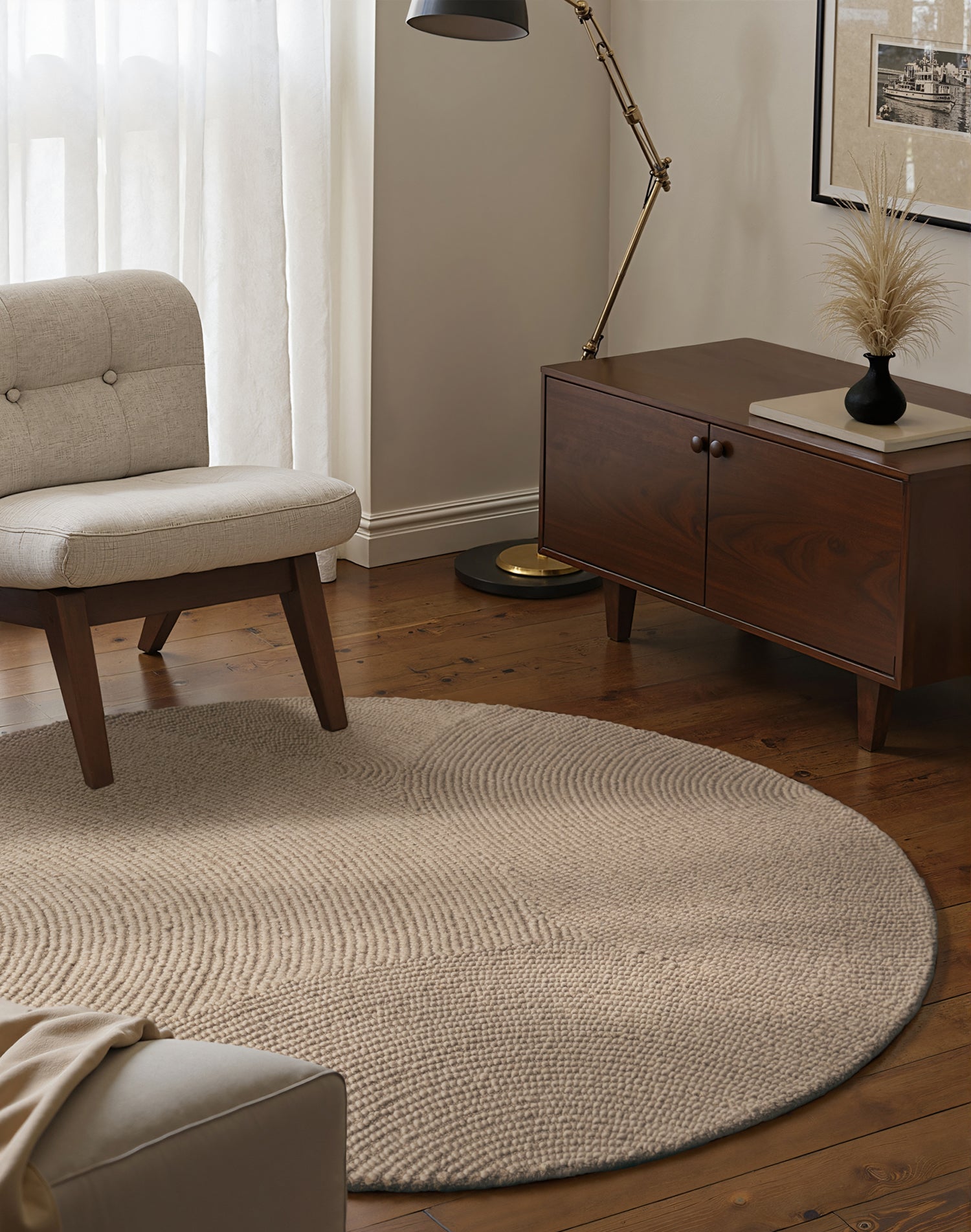 Tapis Rond Laine ELENA motifs arcs Beige – STUDIO DECO