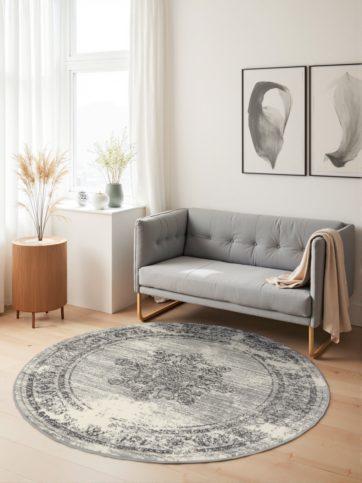 Tapis rond vintage médaillon Crème et Gris – STUDIO DECO