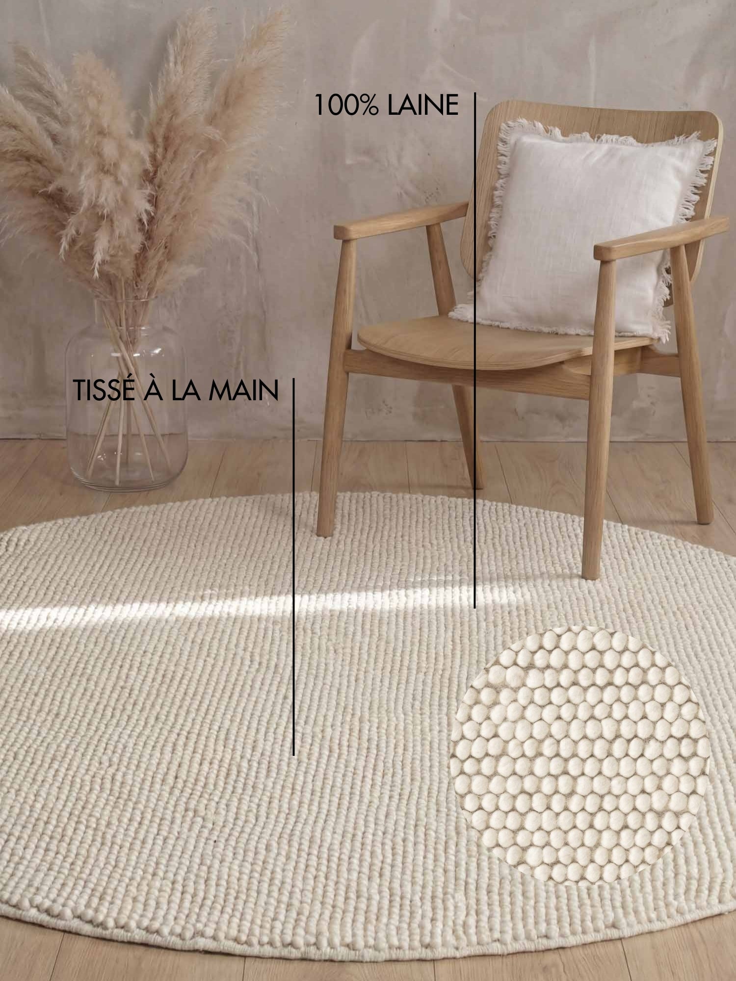 Tapis rond à boules en laine tufté Blanc Naturel - Ted Baker