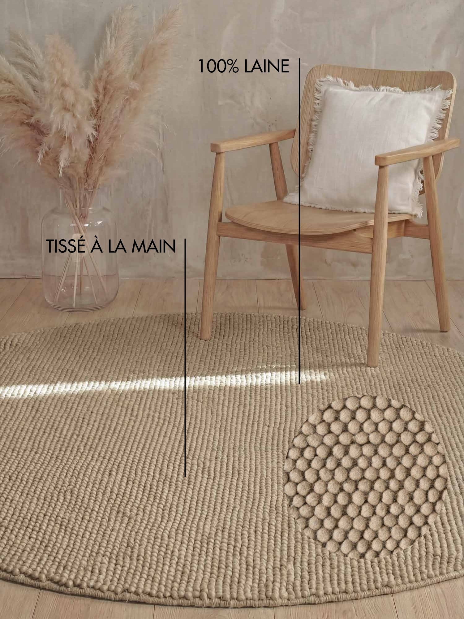 Tapis rond à boules en laine tufté Taupe - Ted Baker