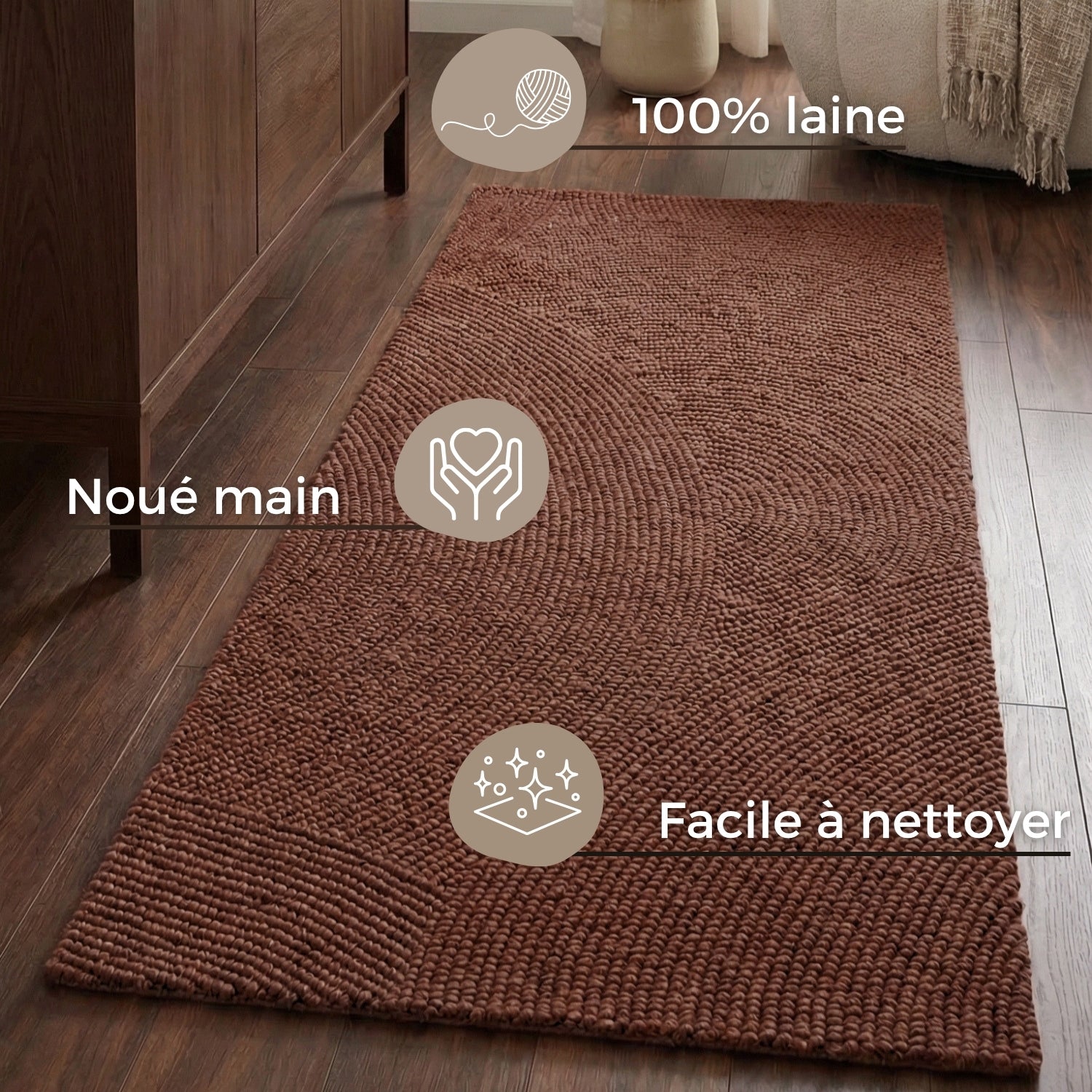 Tapis Couloir Laine motifs arcs - Bordeau