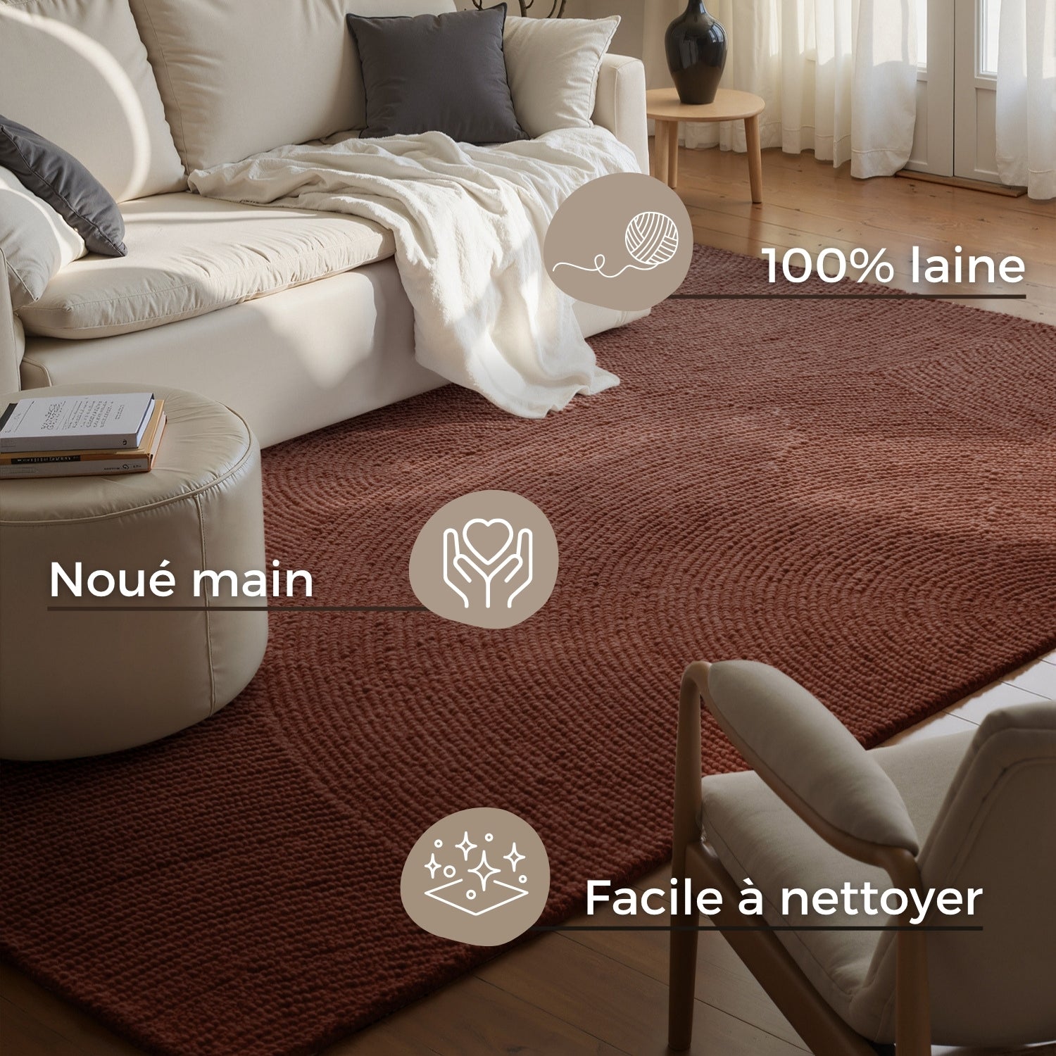 Tapis Laine motifs arcs - Bordeau