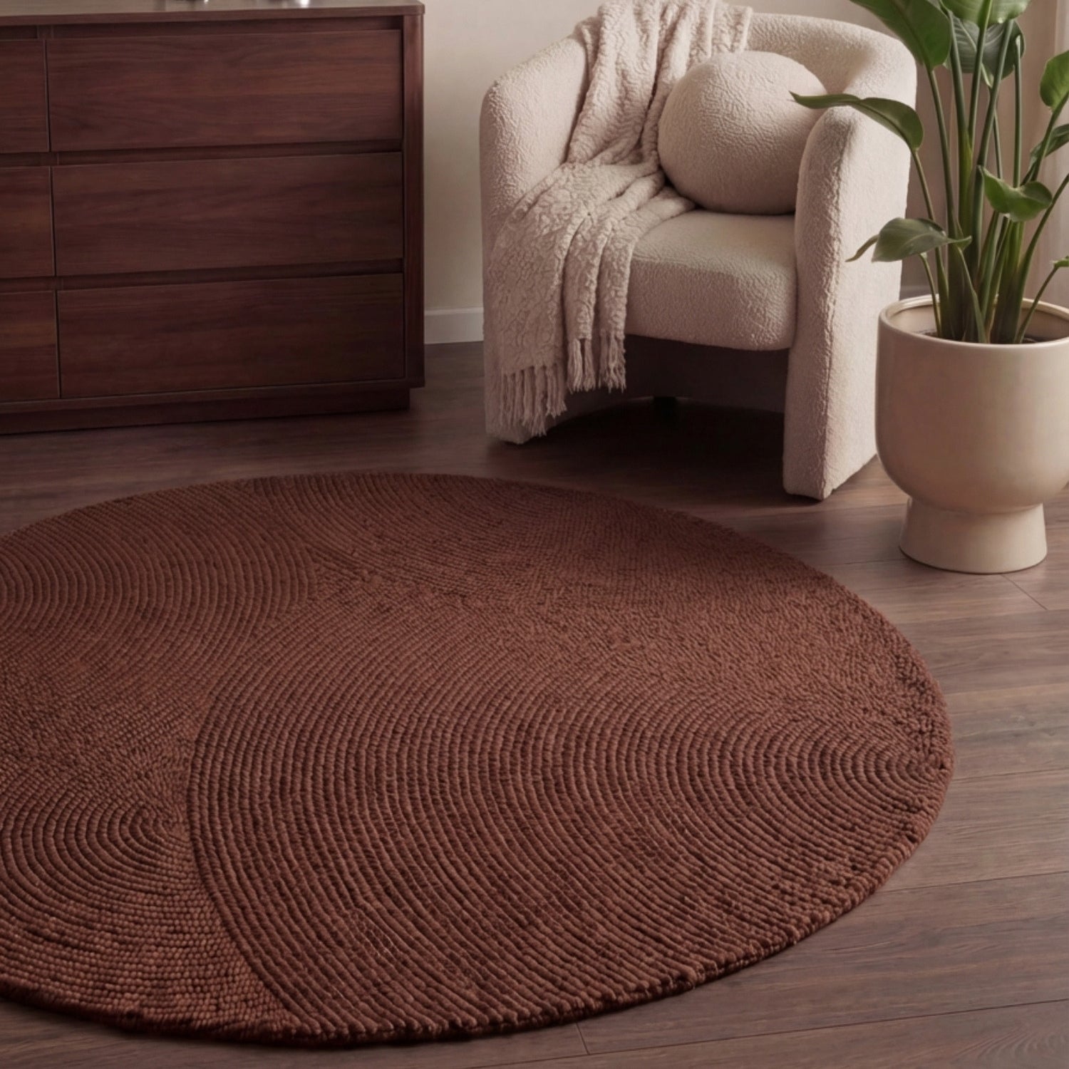 Tapis Rond Laine motifs arcs - Bordeau