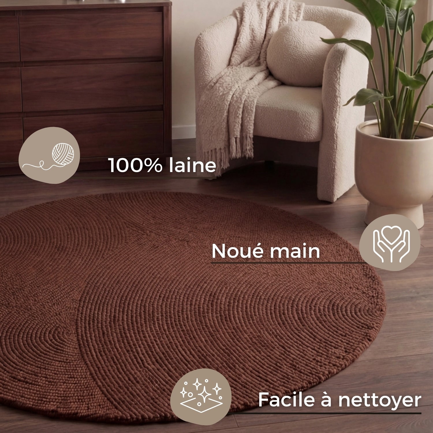 Tapis Rond Laine motifs arcs - Bordeau