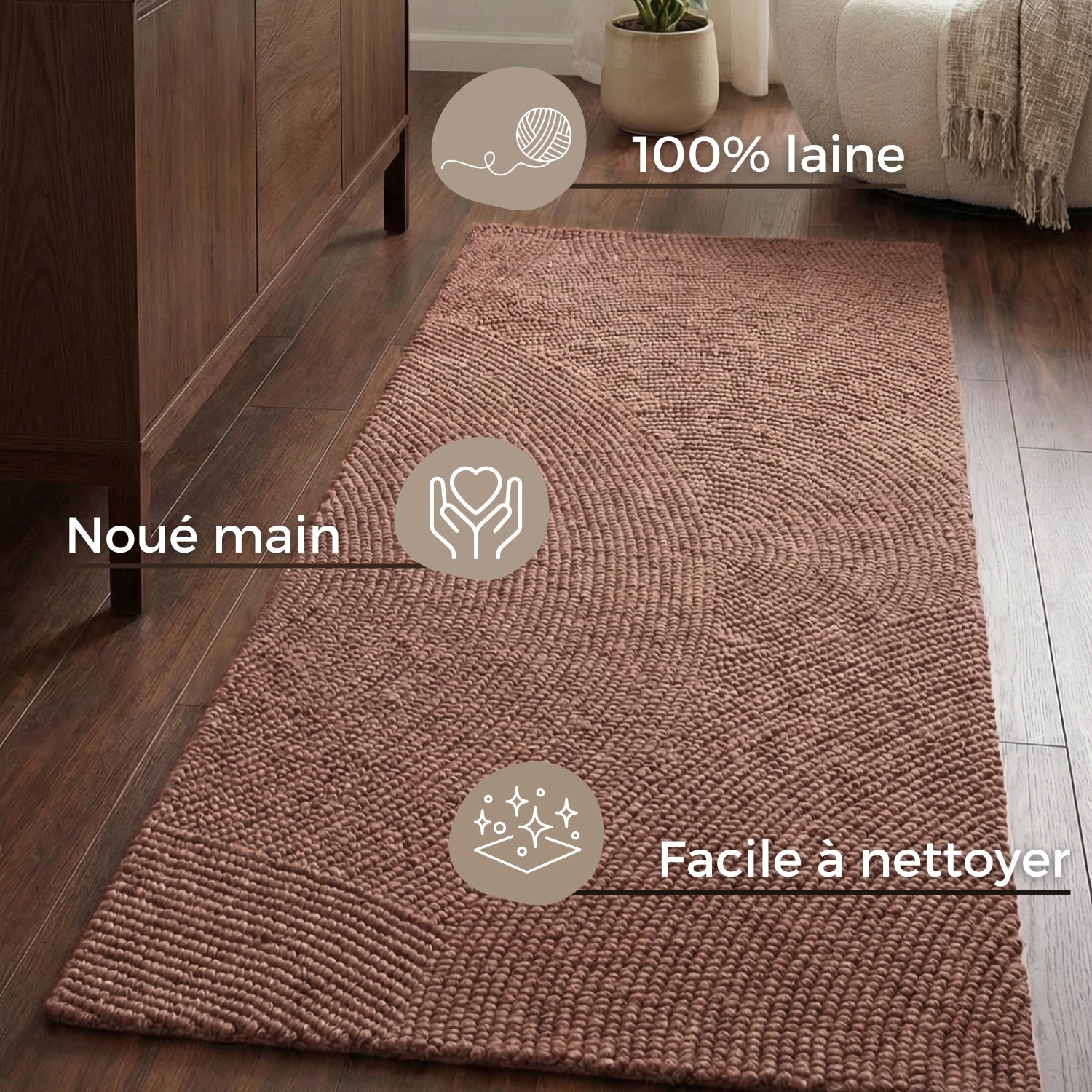 Tapis Couloir Laine motifs arcs - Rose Vintage