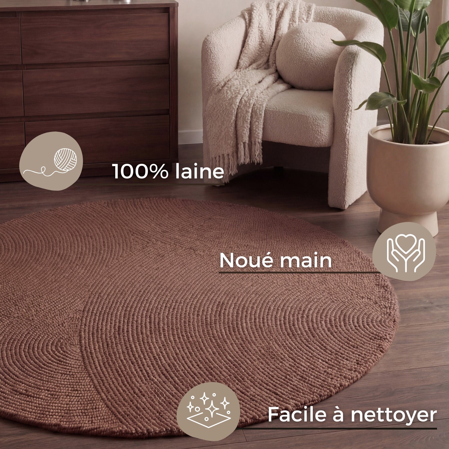 Tapis Rond Laine motifs arcs - Rose Vintage