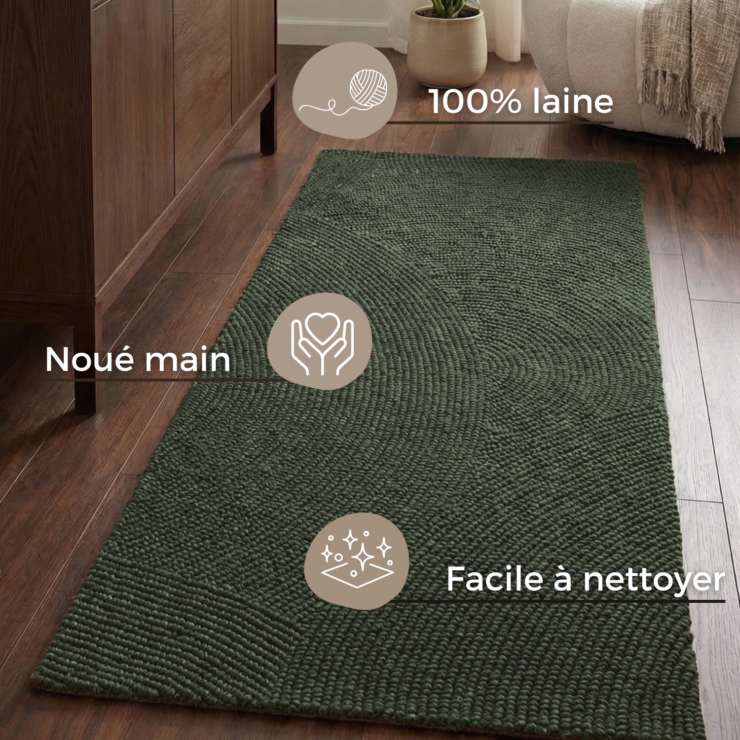 Tapis Couloir Laine motifs arcs - Vert