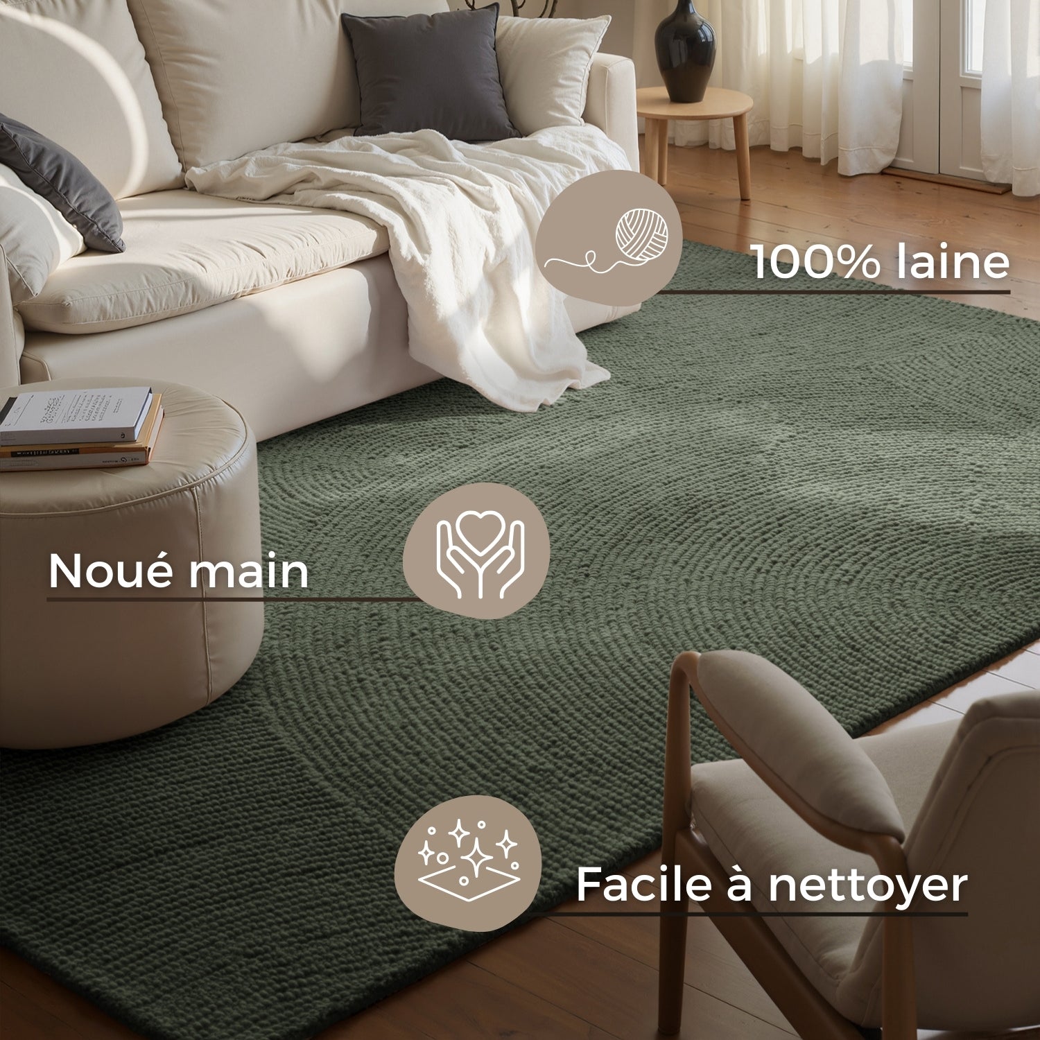 Tapis Laine motifs arcs - Vert