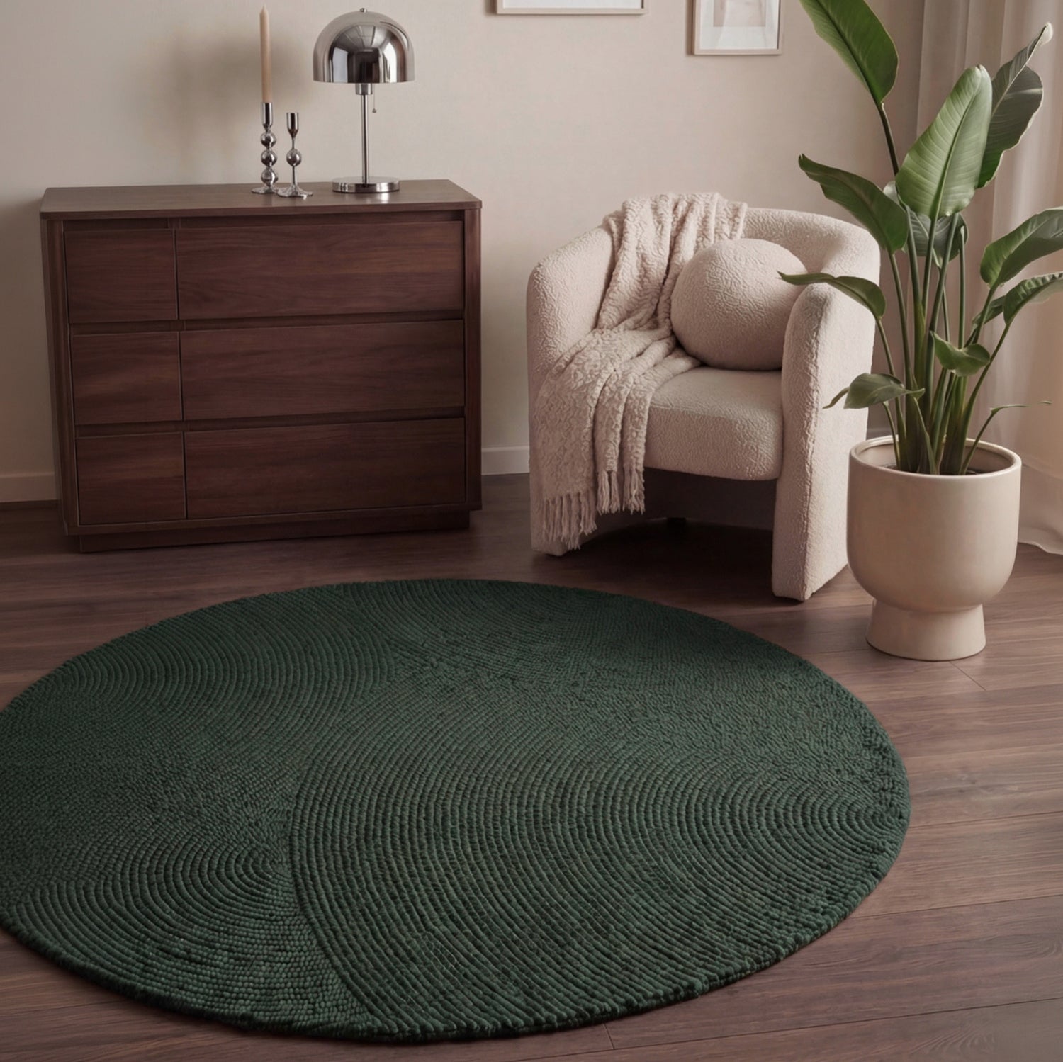 Tapis Rond Laine motifs arcs - Vert