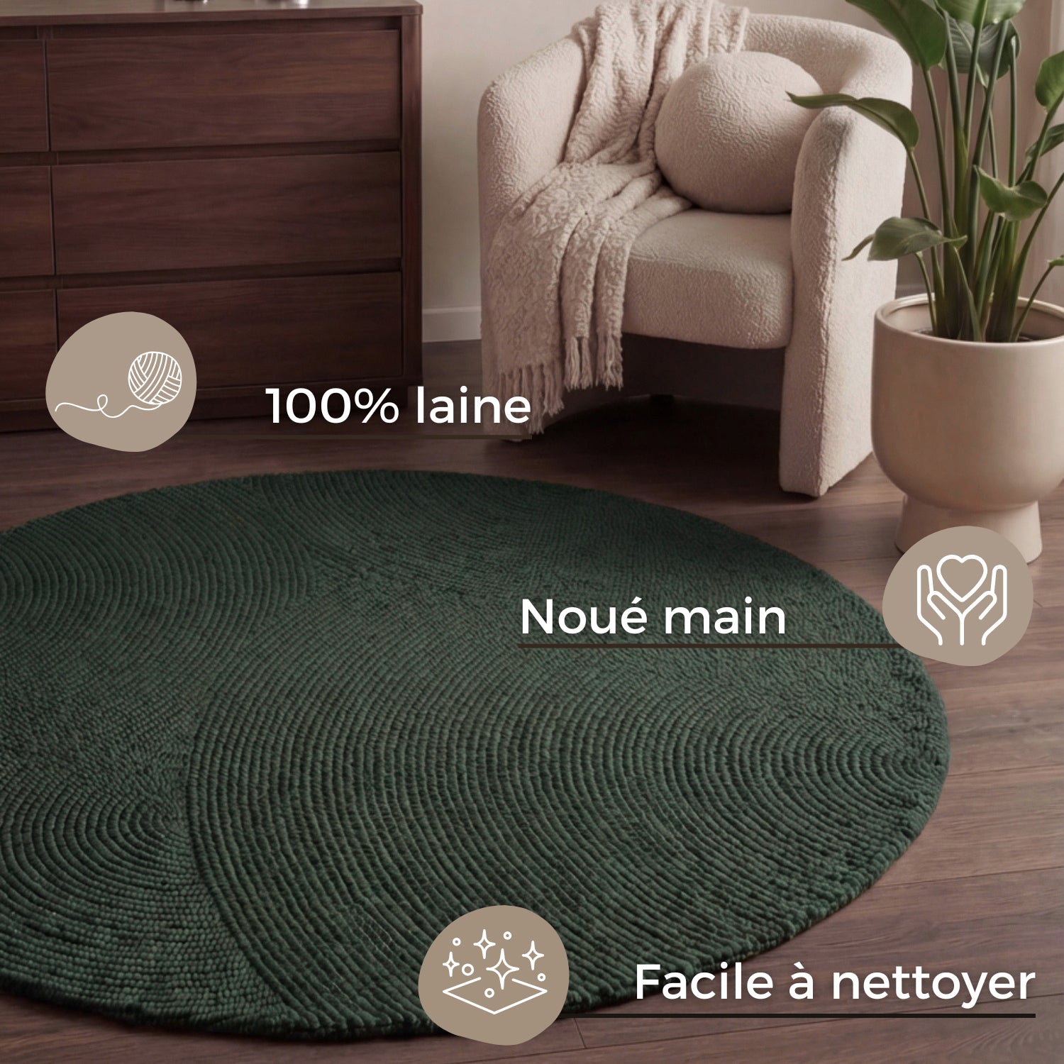 Tapis Rond Laine motifs arcs - Vert