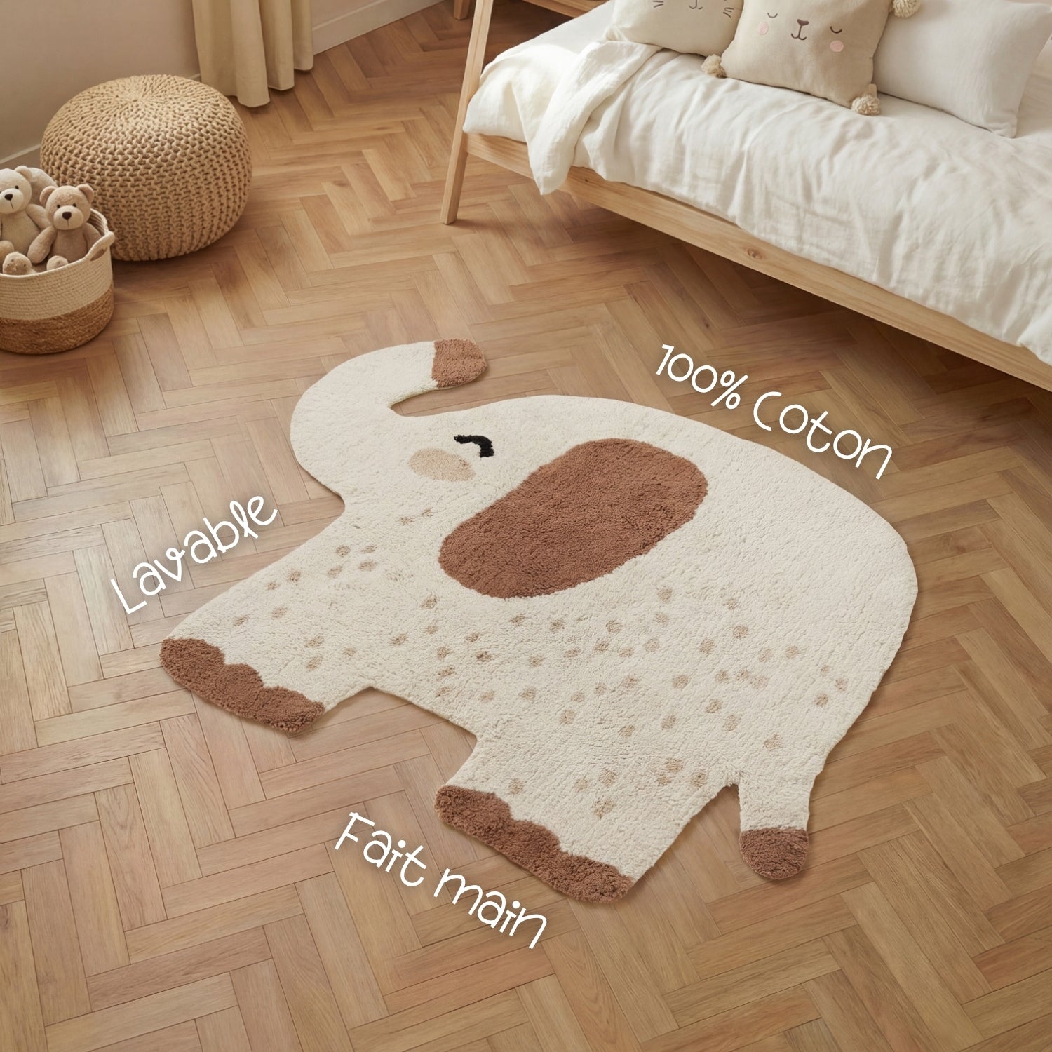Tapis Enfant Forme Elephant Crème et Brun 95x120cm