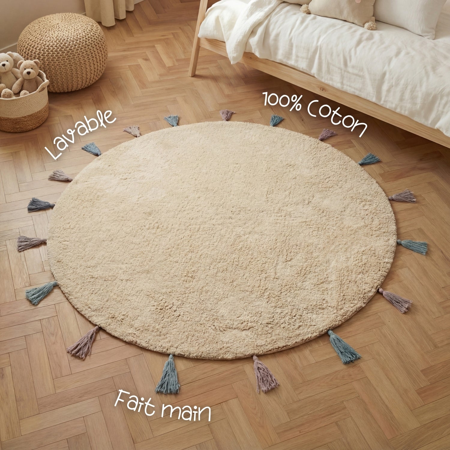 Tapis Enfant Crème à franges multicolores 160cm
