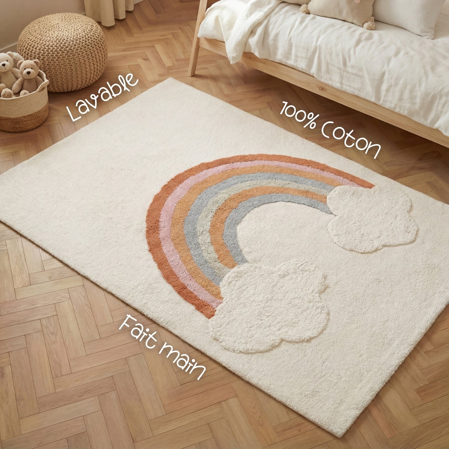 Tapis Enfant Arc en Ciel Crème et Multicolore 140x200cm