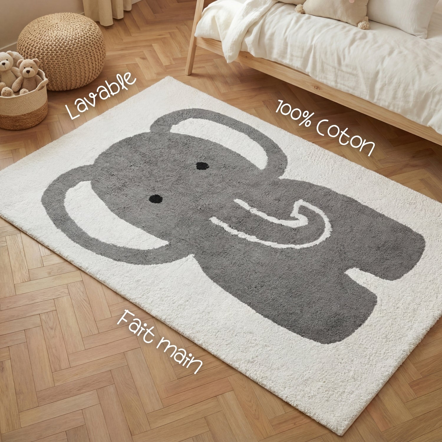 Tapis Enfant Elephant Crème et Gris 140x200cm