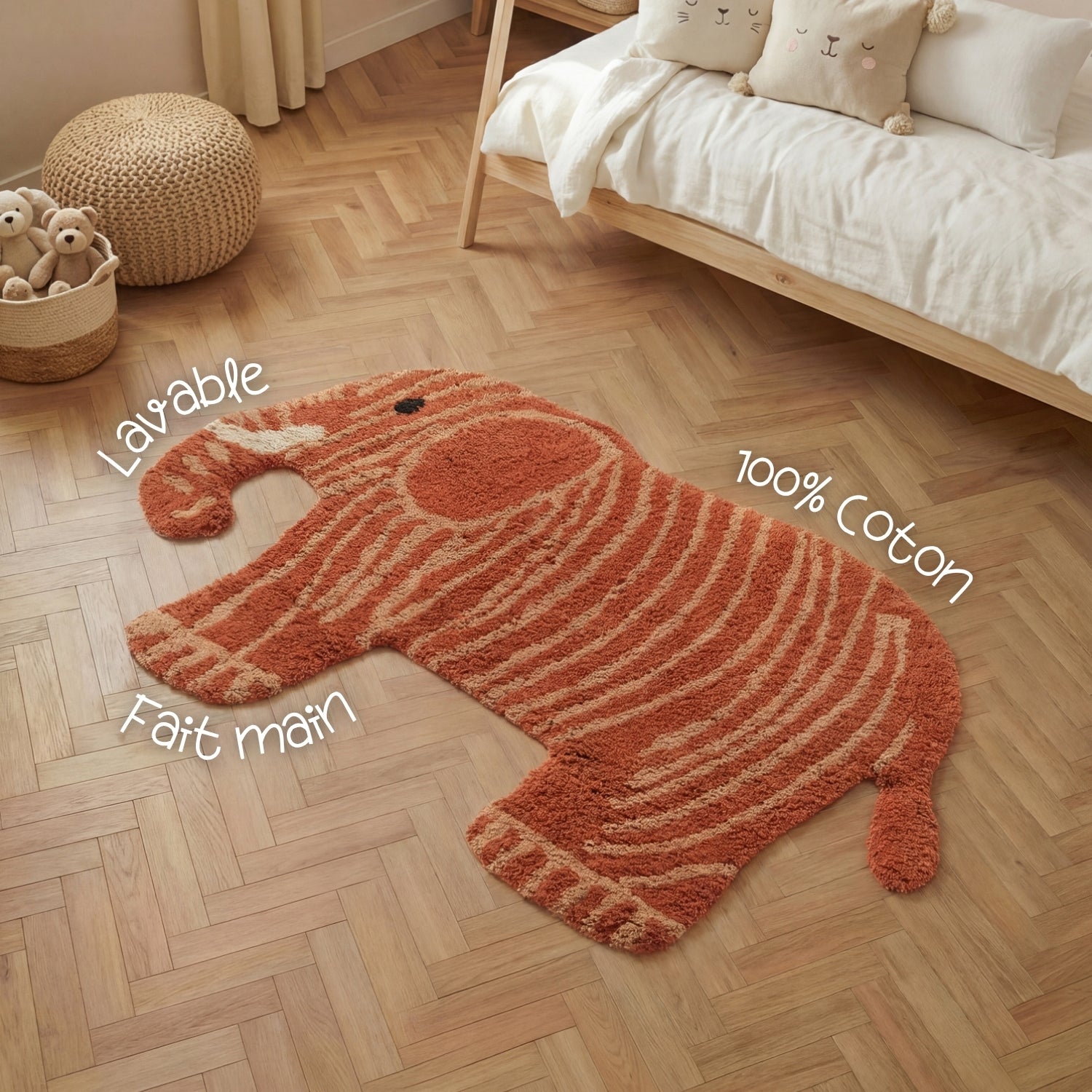 Tapis Enfant Forme Elephant Rouge Marron 75x120cm