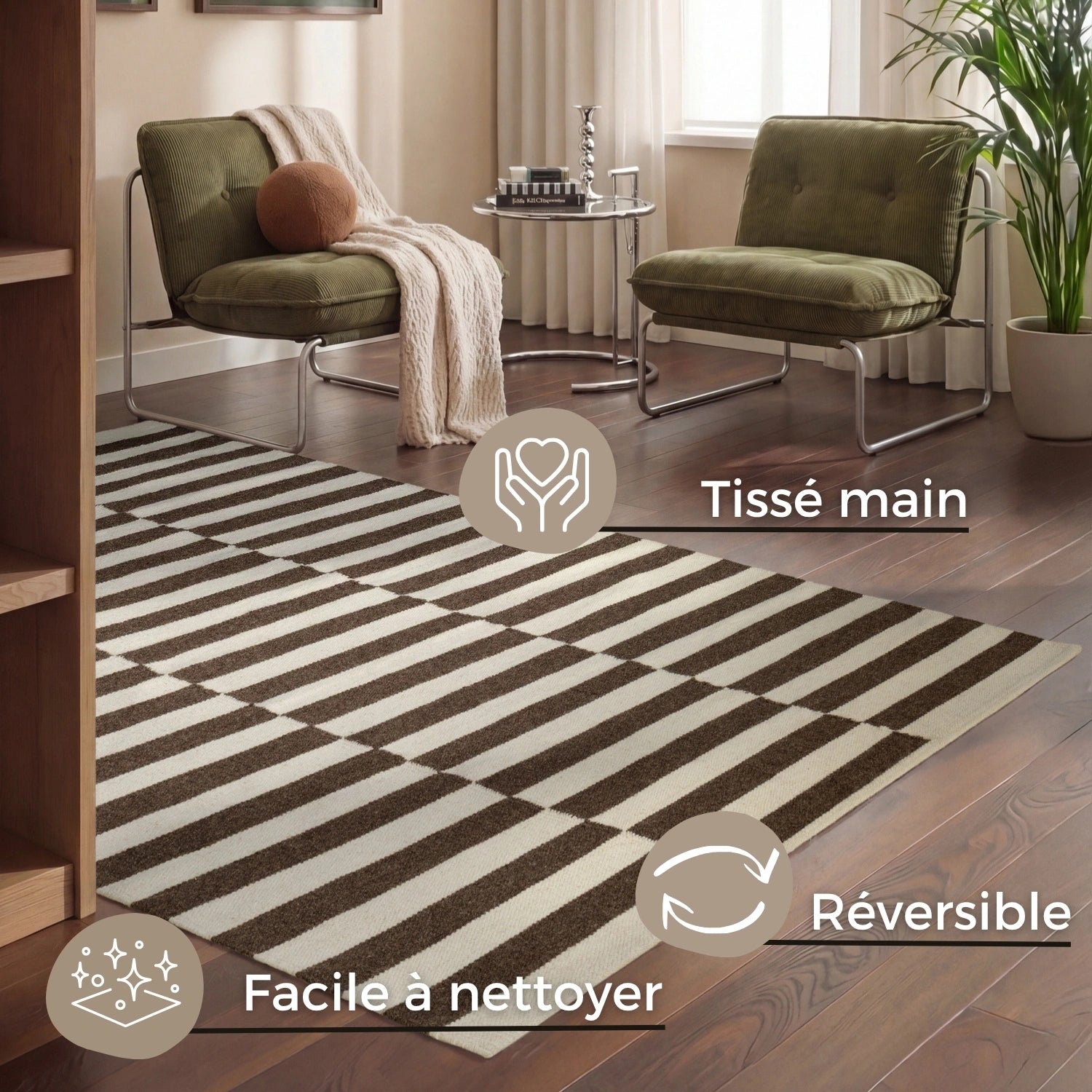 Tapis Laine fait main Marron et Crème M/L