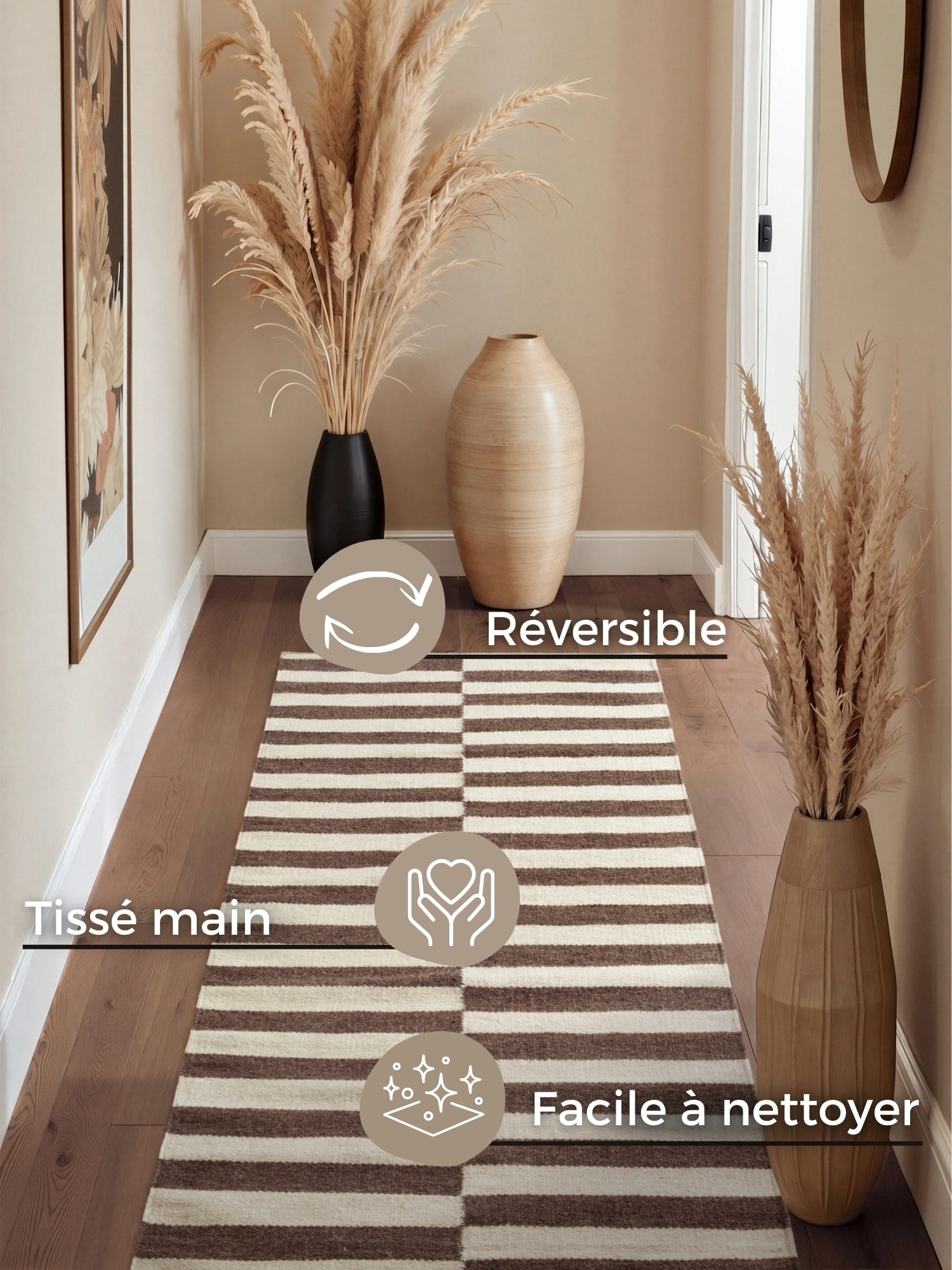 Tapis Laine fait main Marron et Crème S