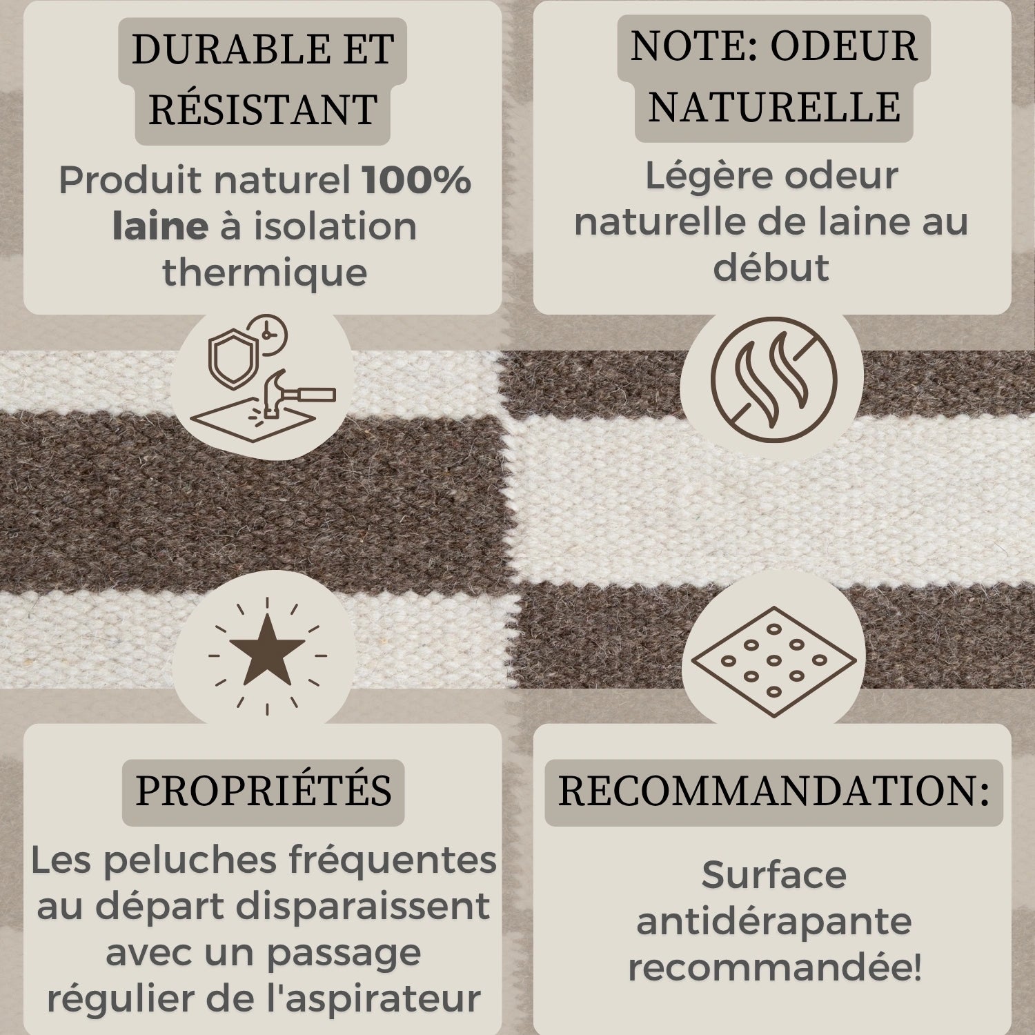 Tapis Laine fait main Marron et Crème M/L