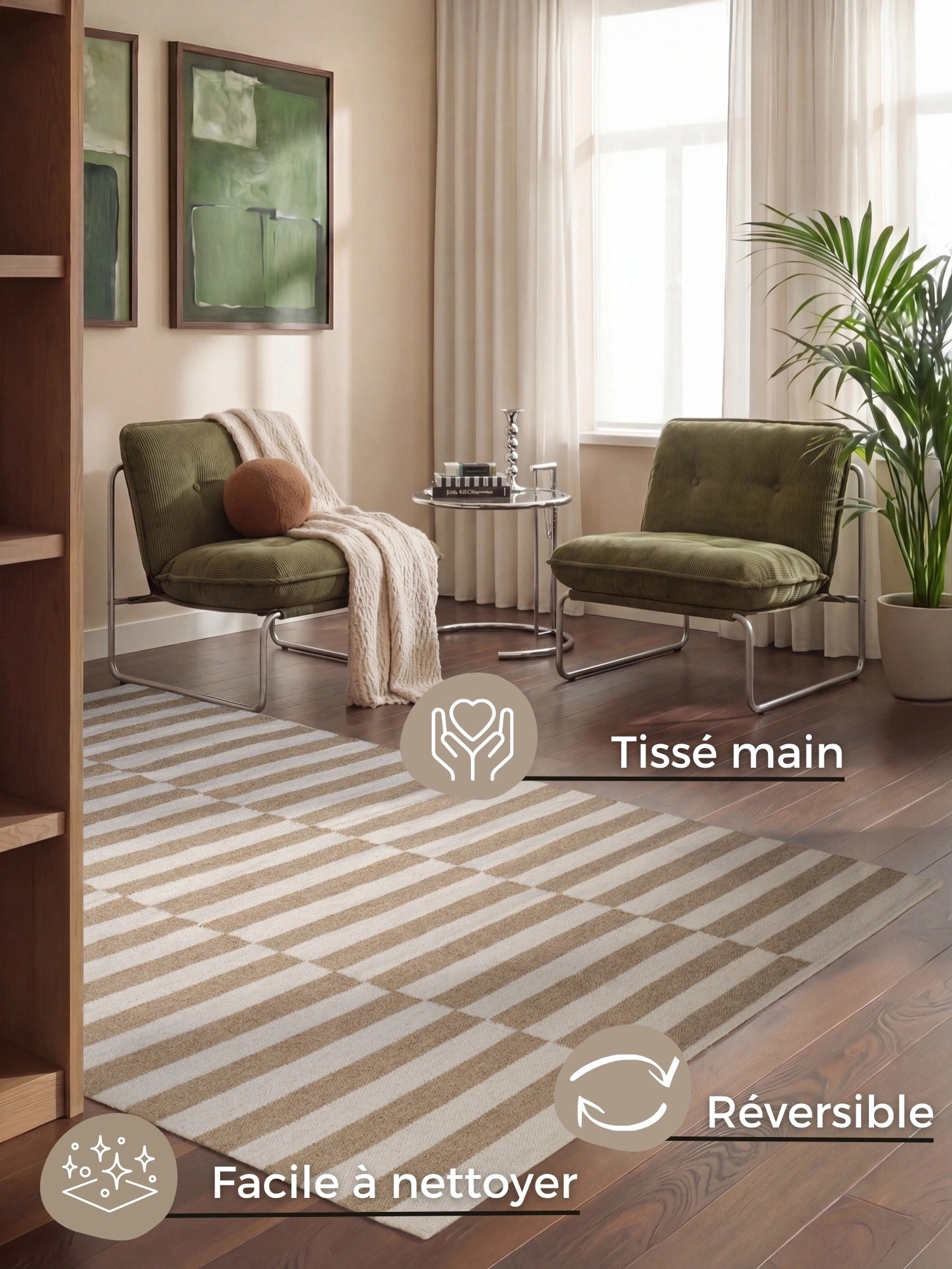 Tapis Laine fait main Beige et Crème M/L