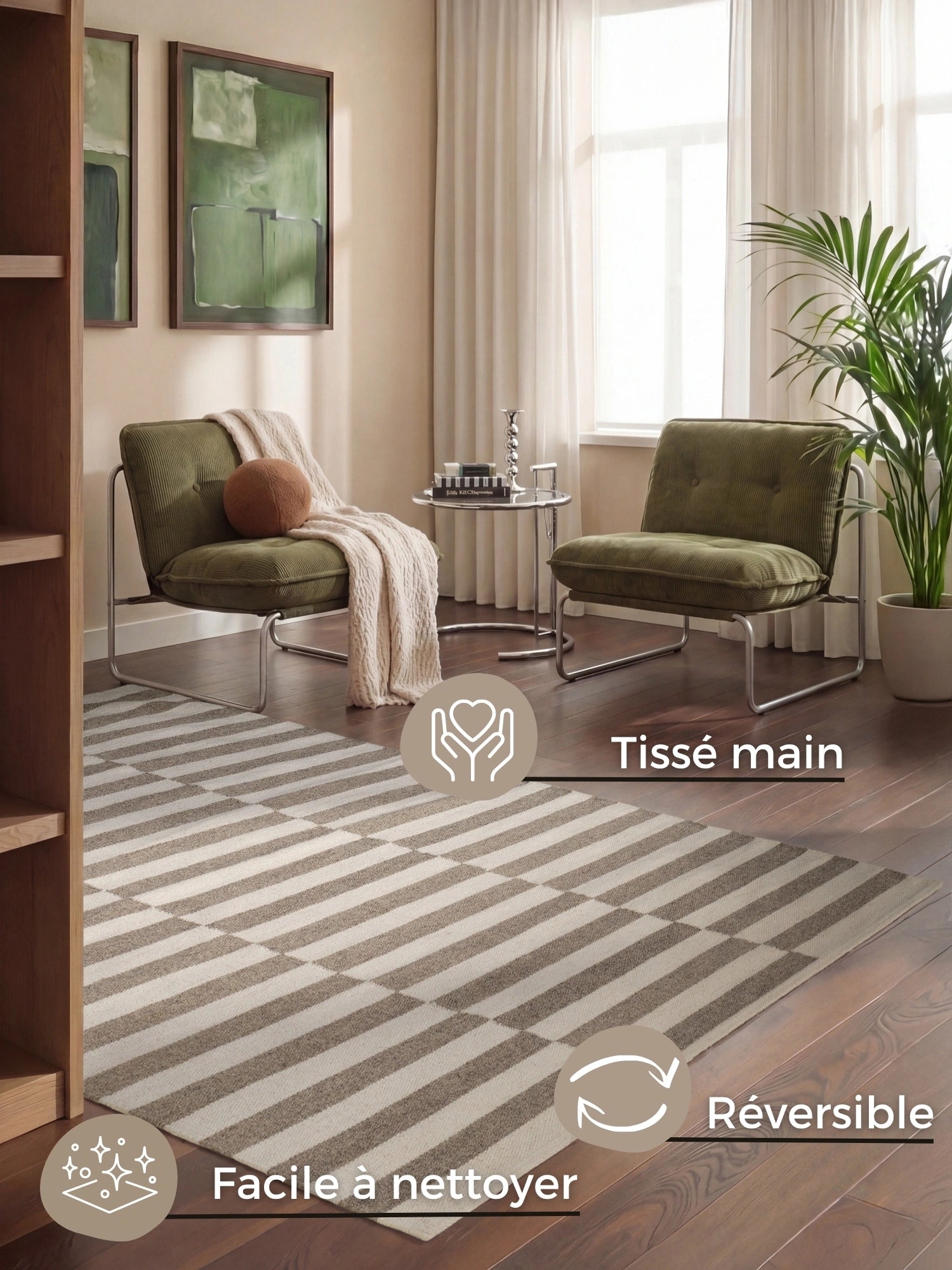 Tapis Laine fait main Gris et Crème M/L