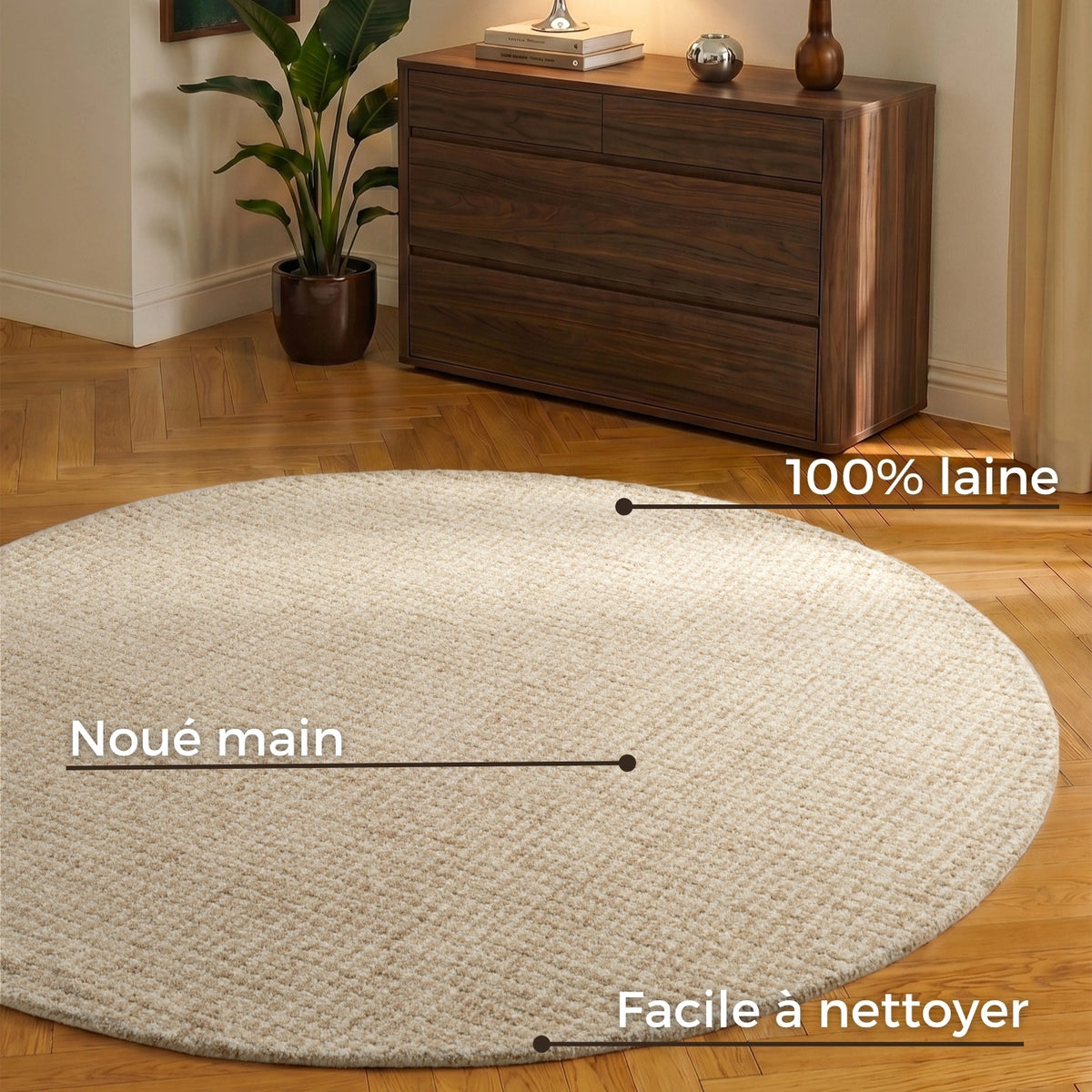 Tapis rond en Laine Adèle Crème Lin