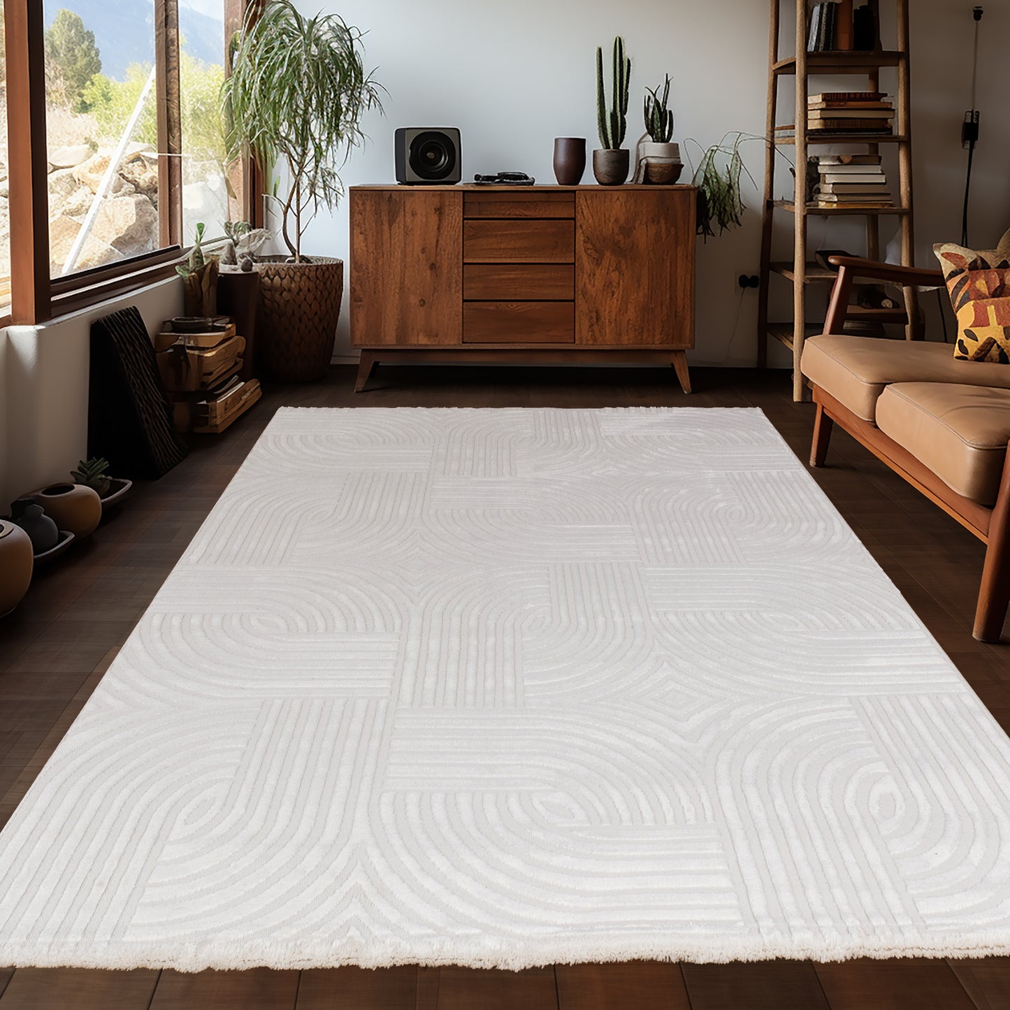 Tapis 70's laineux à motif en relief - Crème