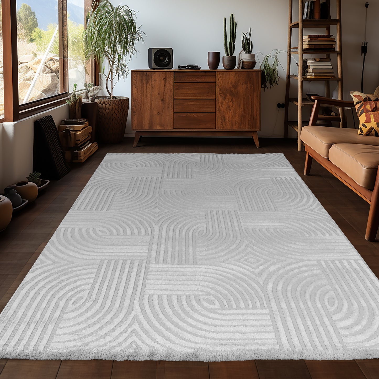 Tapis 70's laineux à motif en relief - Gris