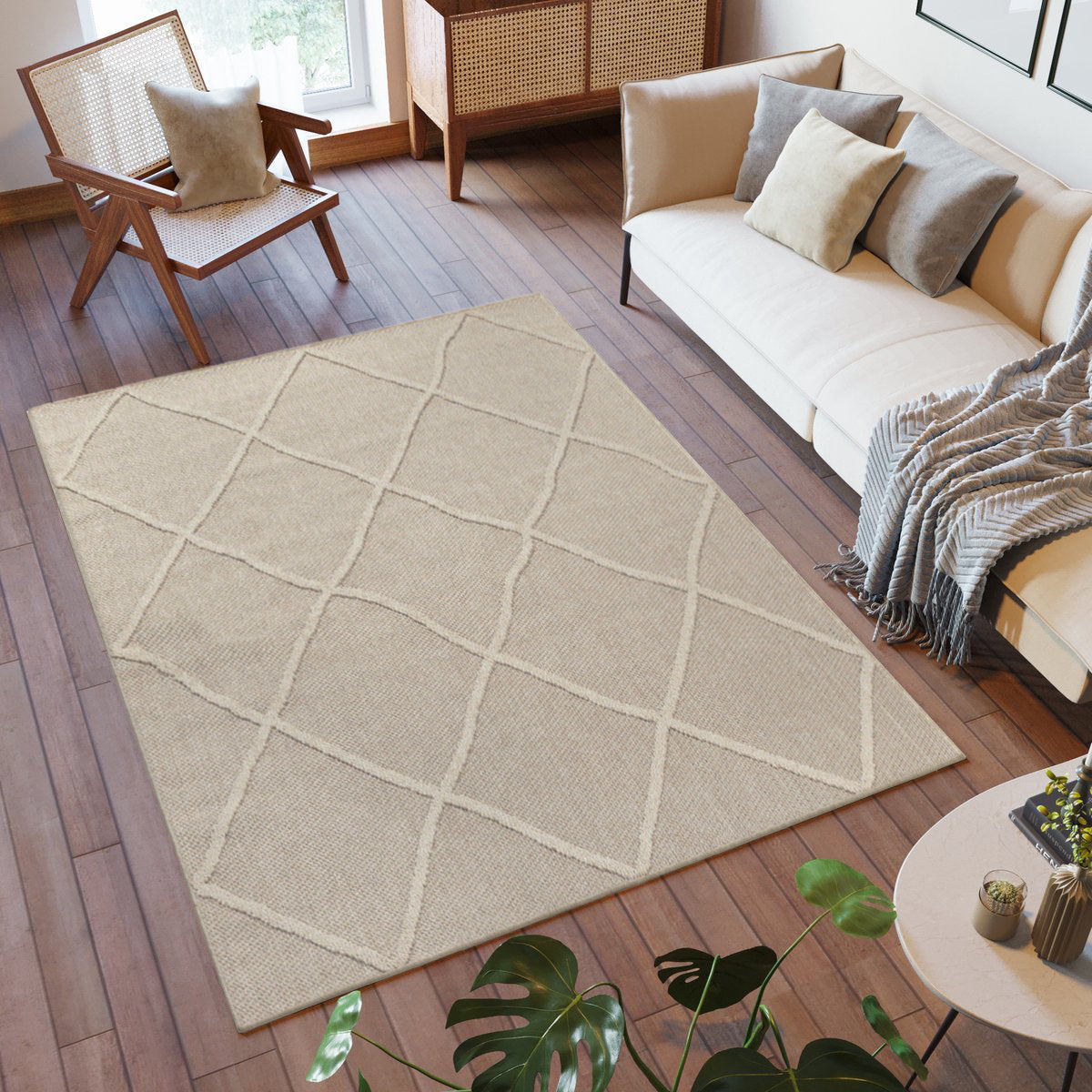 Tapis effet Jute naturel à Relief Losanges - Beige