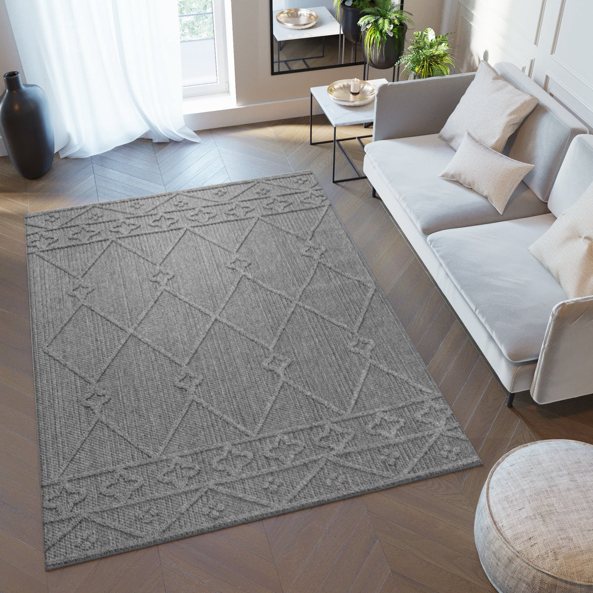 Tapis effet Jute naturel à Relief Géométrique - Gris