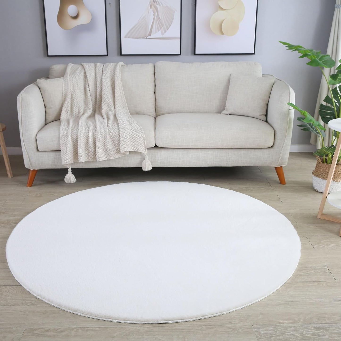 Tapis rond fausse Fourrure toucher doux - Crème