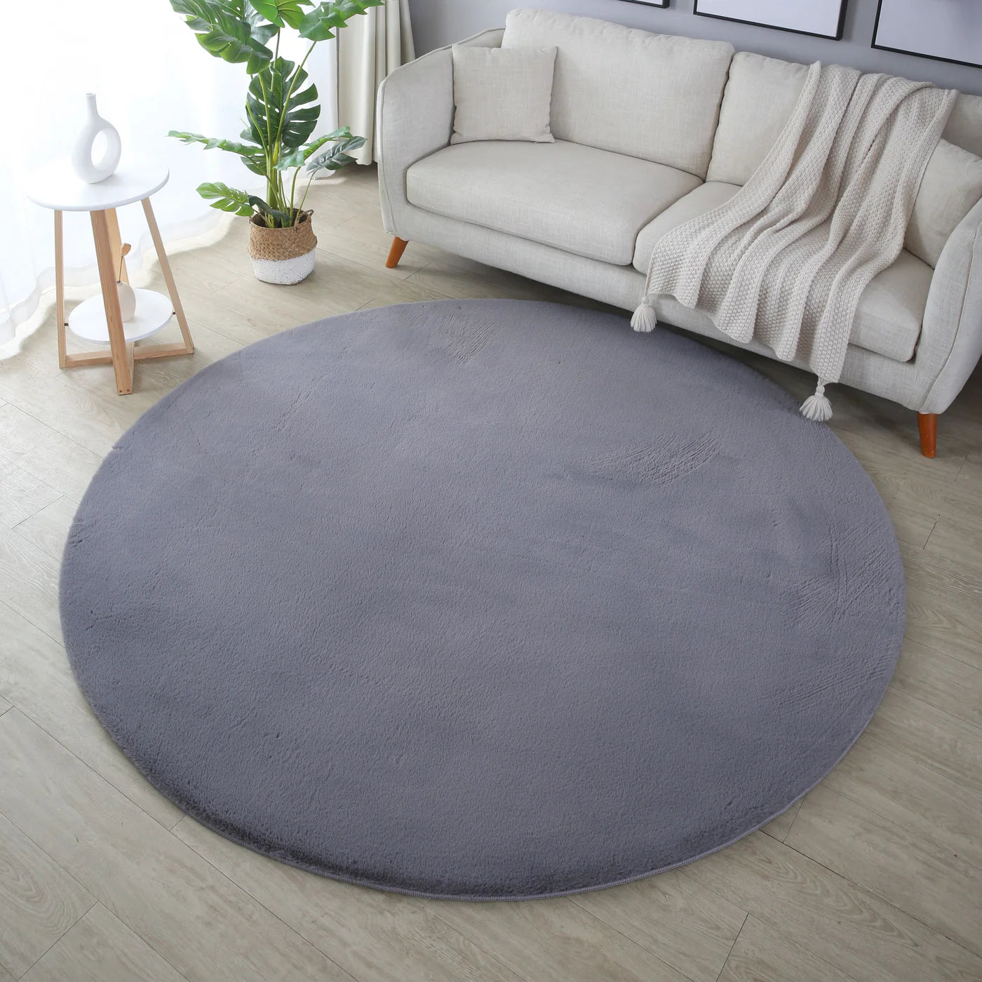 Tapis rond fausse Fourrure toucher doux - Gris