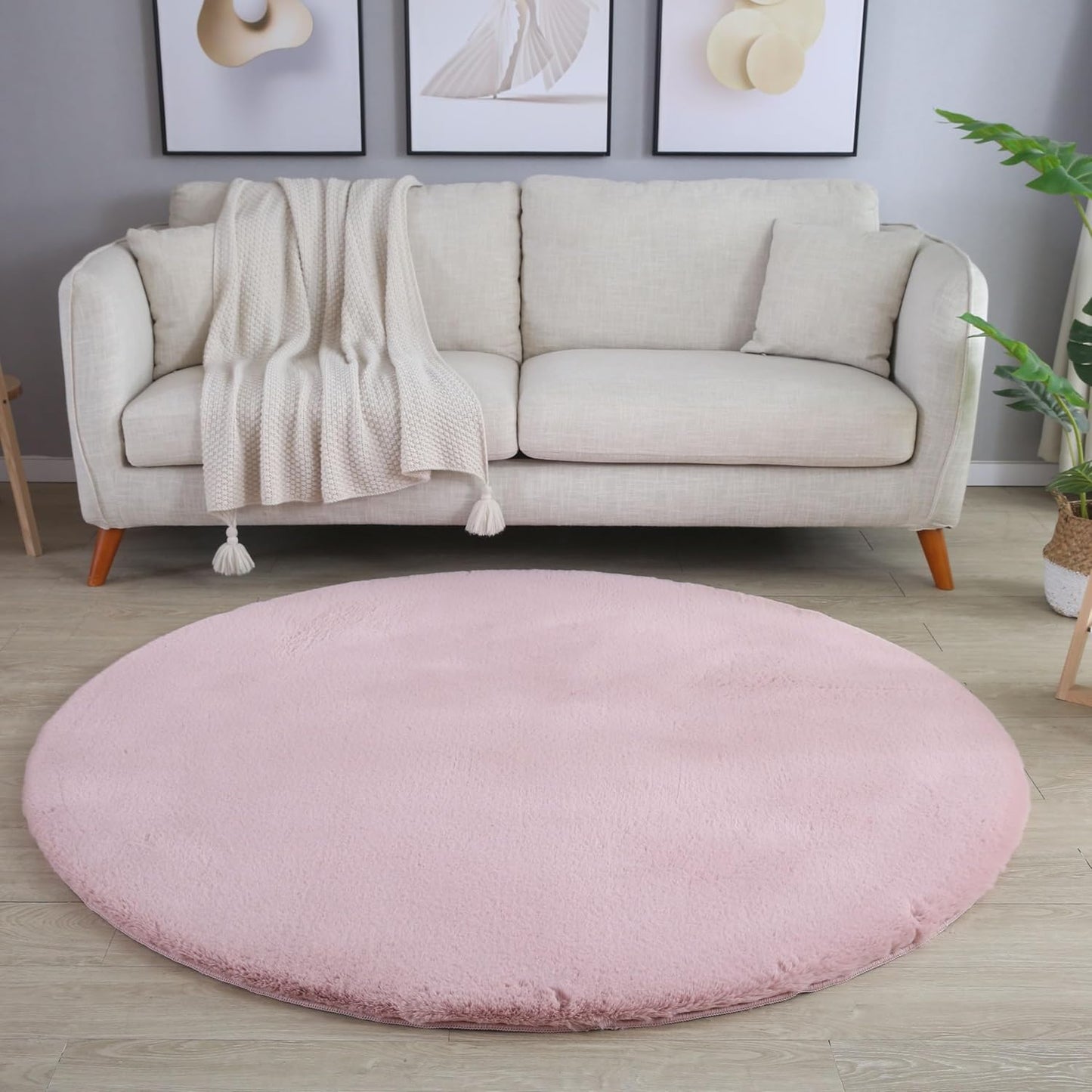 Tapis rond fausse Fourrure toucher doux - Rose