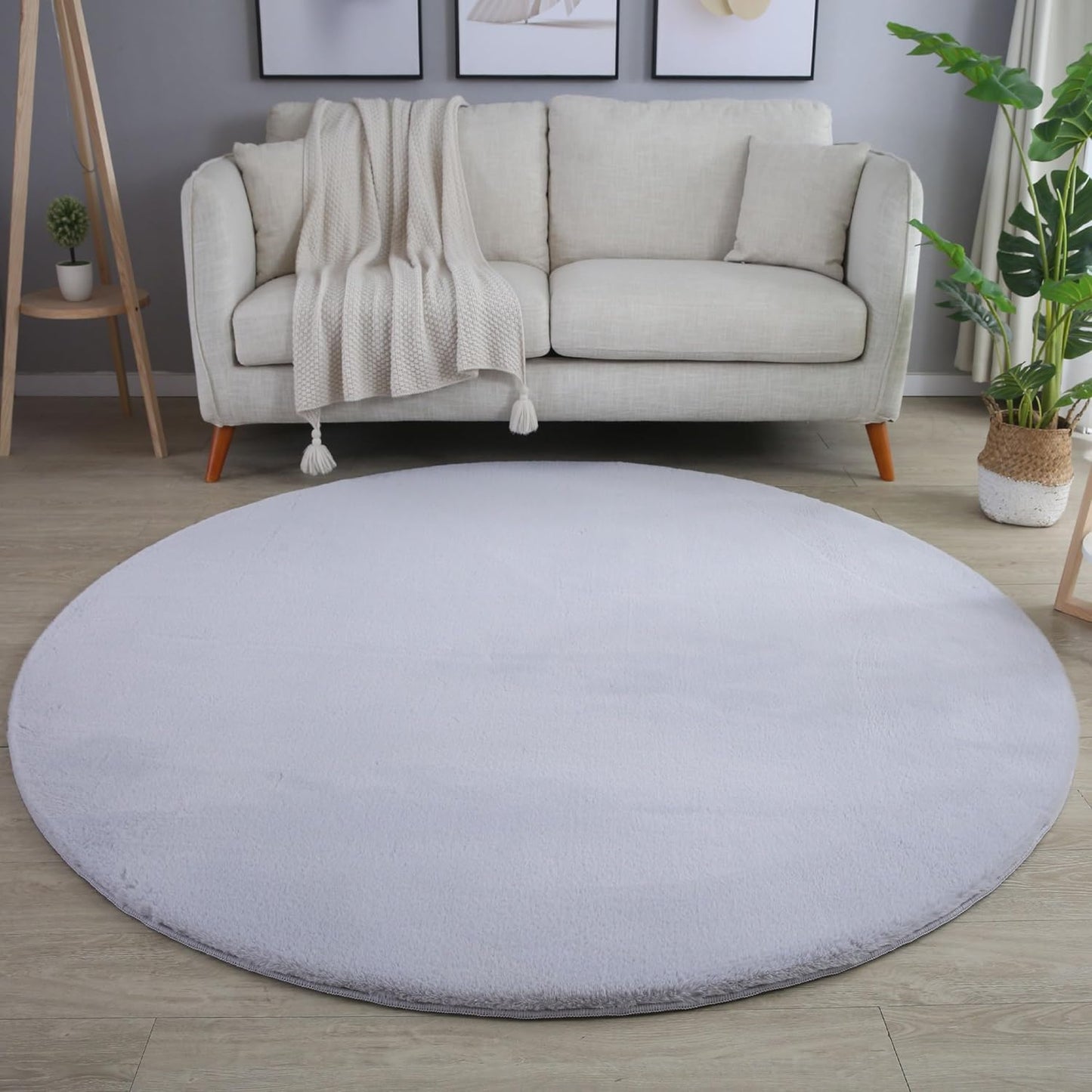 Tapis rond fausse Fourrure toucher doux - Gris Clair