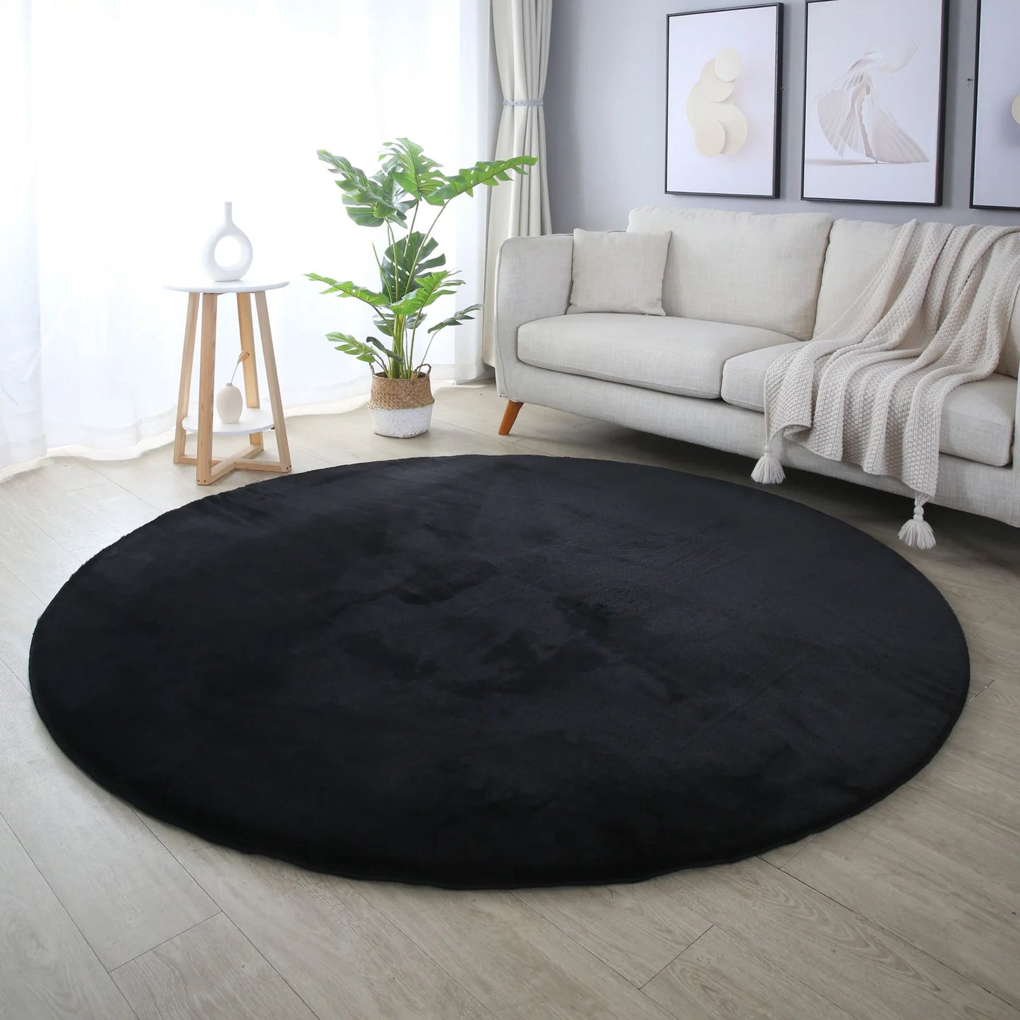 Tapis rond fausse Fourrure toucher doux - Noir