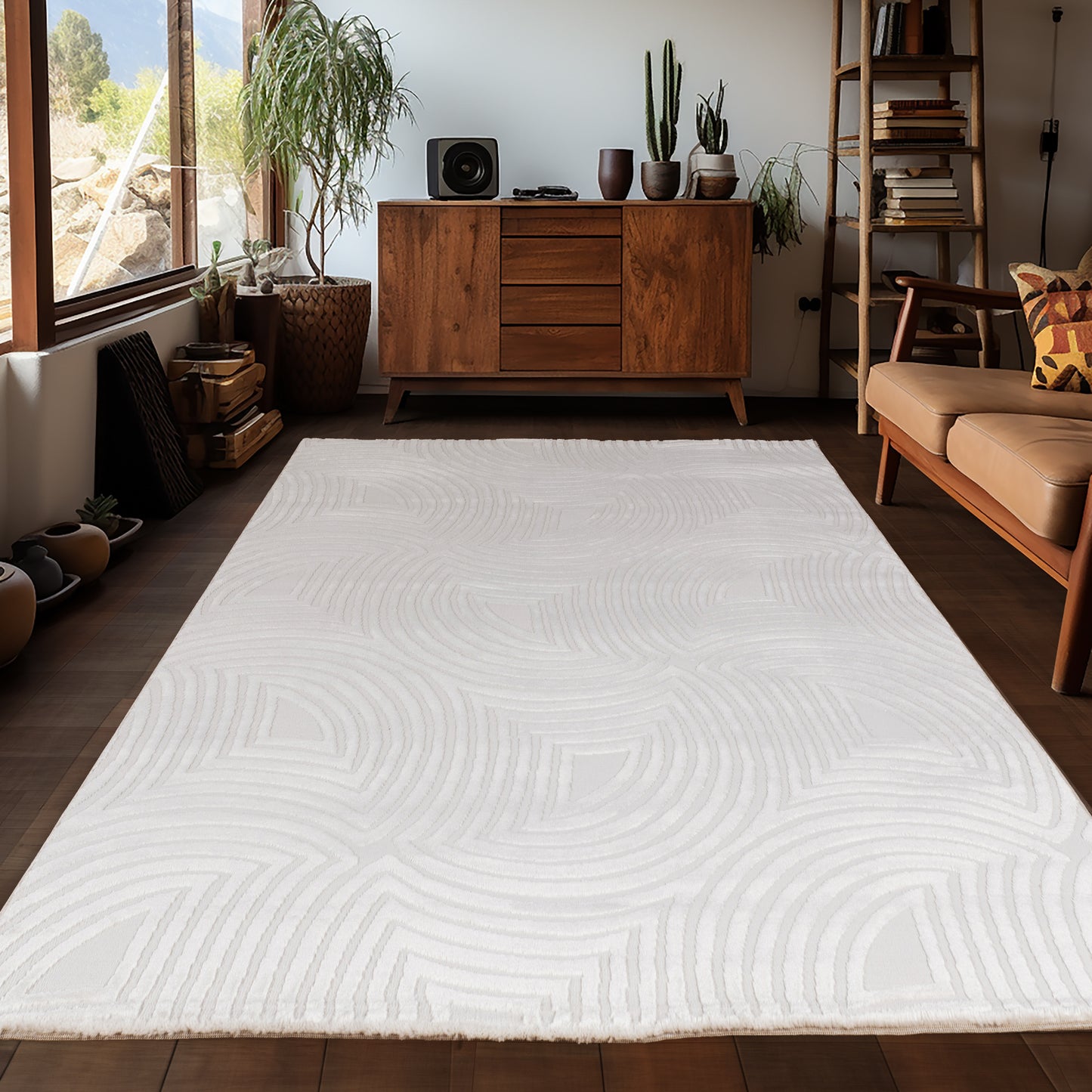 Tapis Meduse laineux à motif en relief - Crème