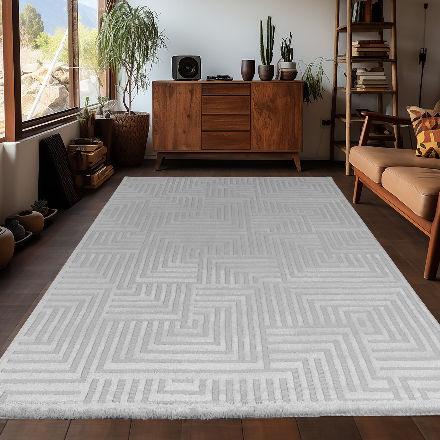 Tapis Aswan laineux à motif en relief - Gris