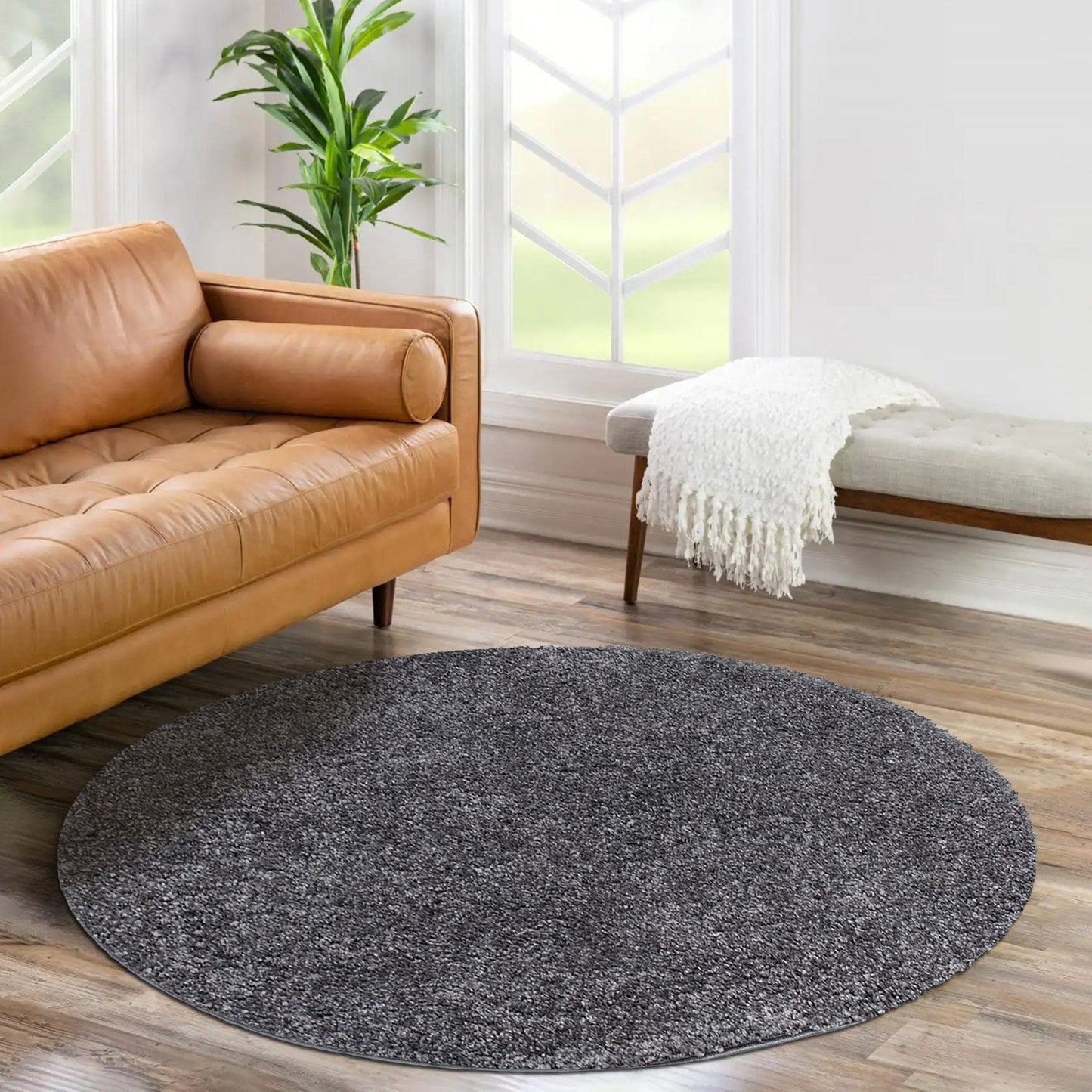 Tapis à Poils Longs Rond SOFTY - Gris foncé