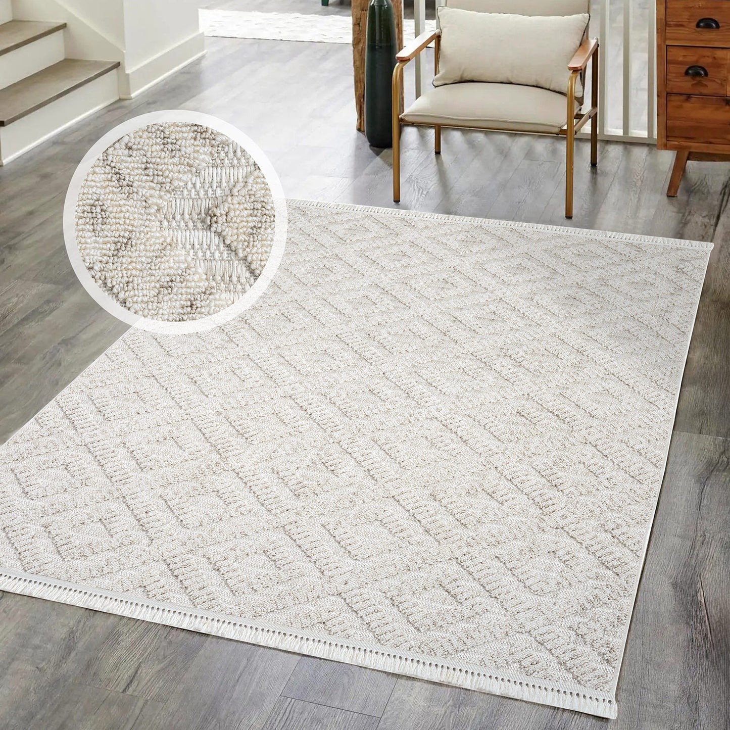 Tapis Mira Relief à franges - Crème