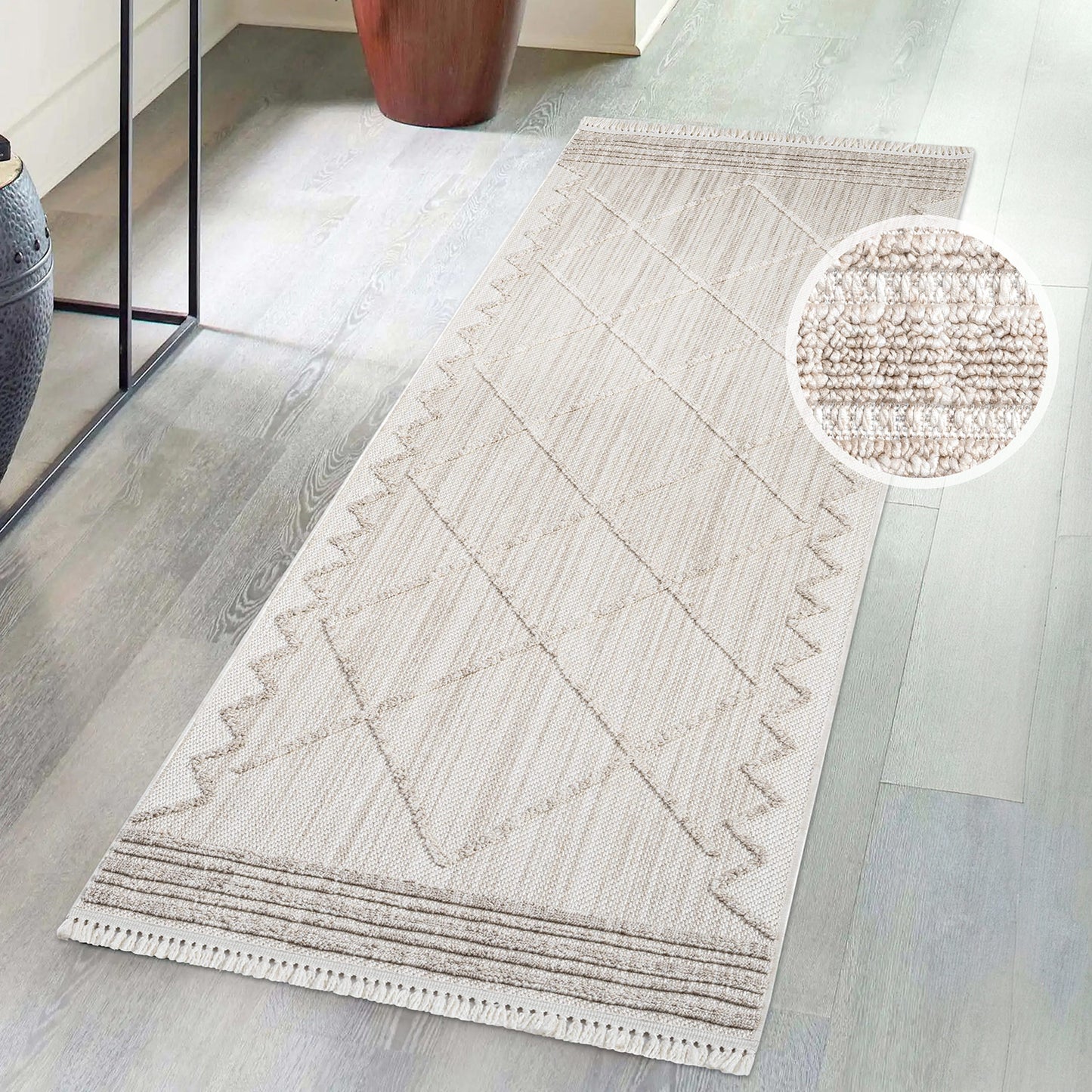 Tapis Ethnique relief à franges - Crème