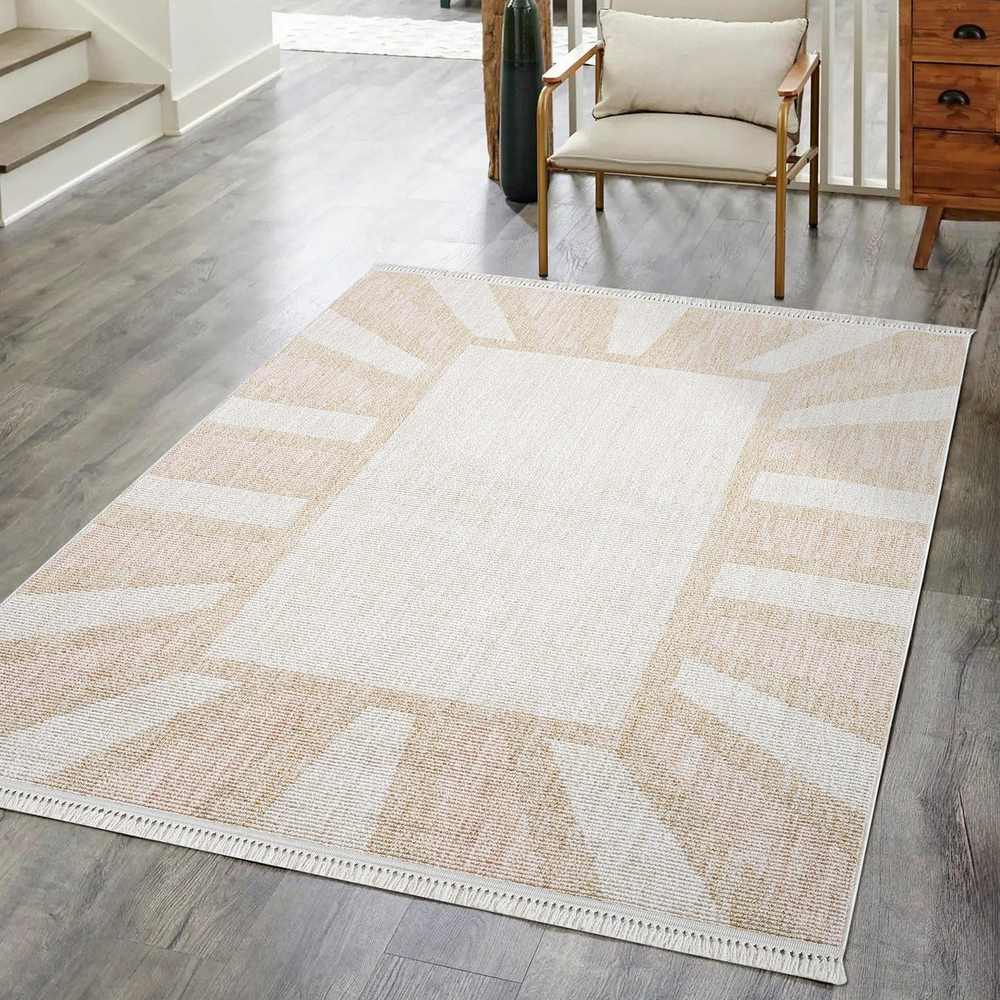 Tapis Sunny laineux à franges - Crème et Rose