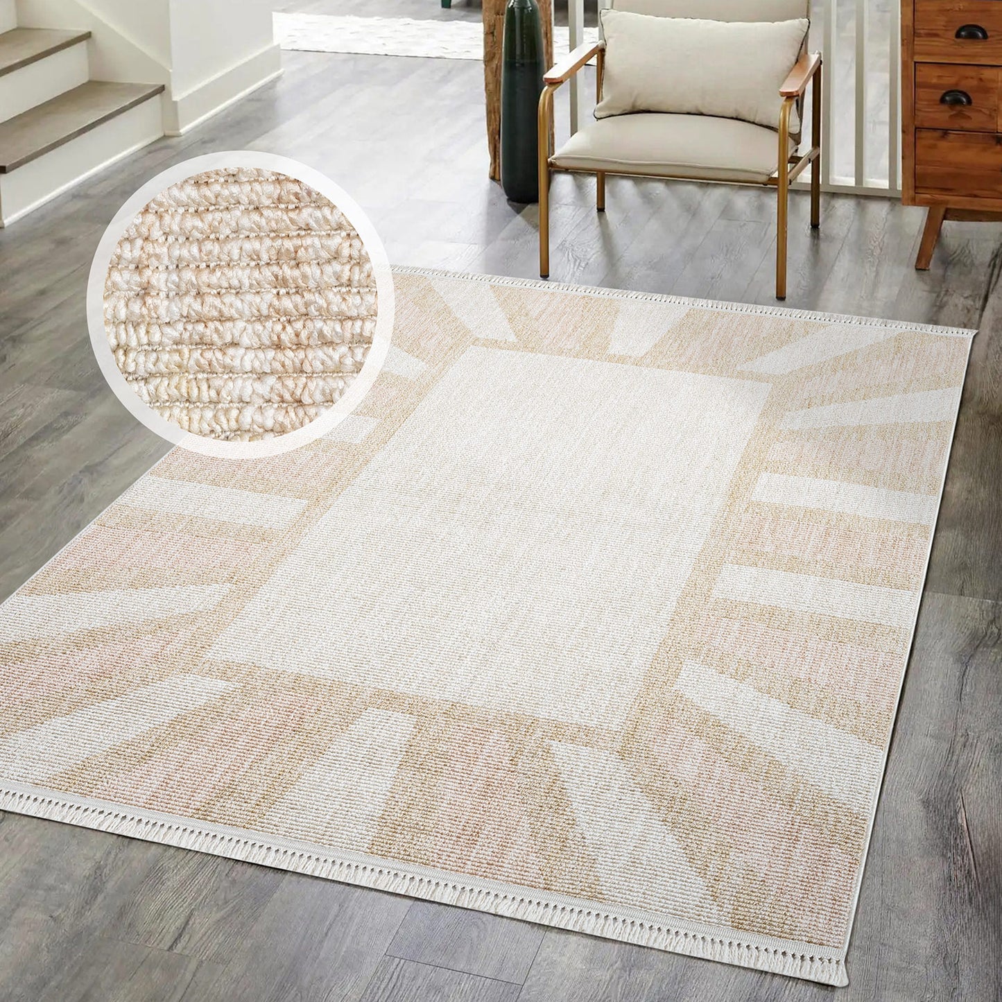 Tapis Sunny laineux à franges - Crème et Rose