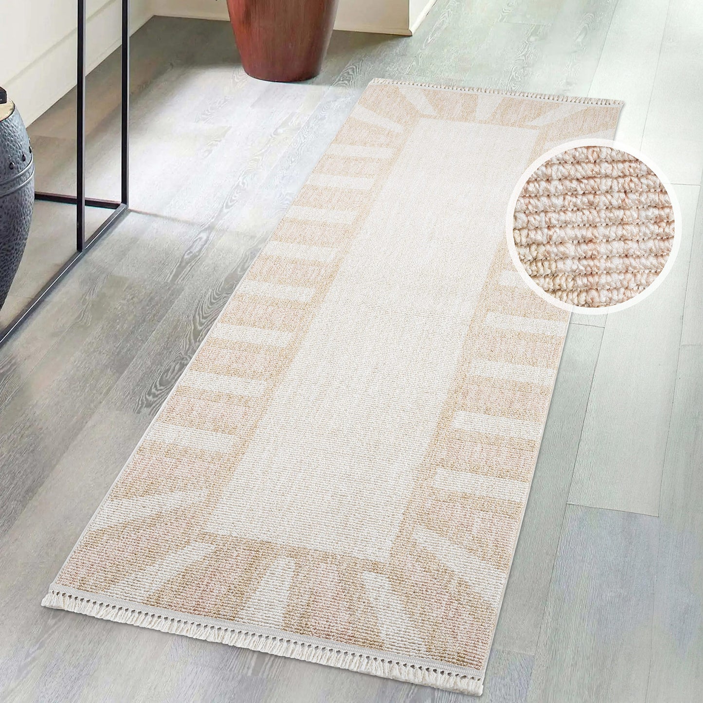 Tapis Sunny laineux à franges - Crème et Rose