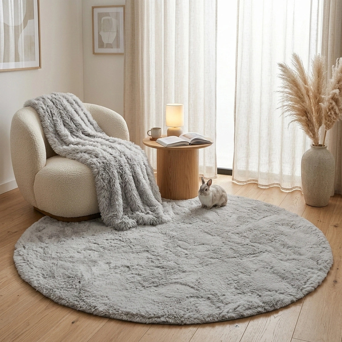 Tapis Rond à poils long ultra-doux Gris