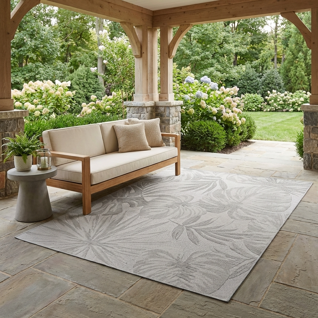 Tapis extérieur et intérieur à motifs Plantes Gris